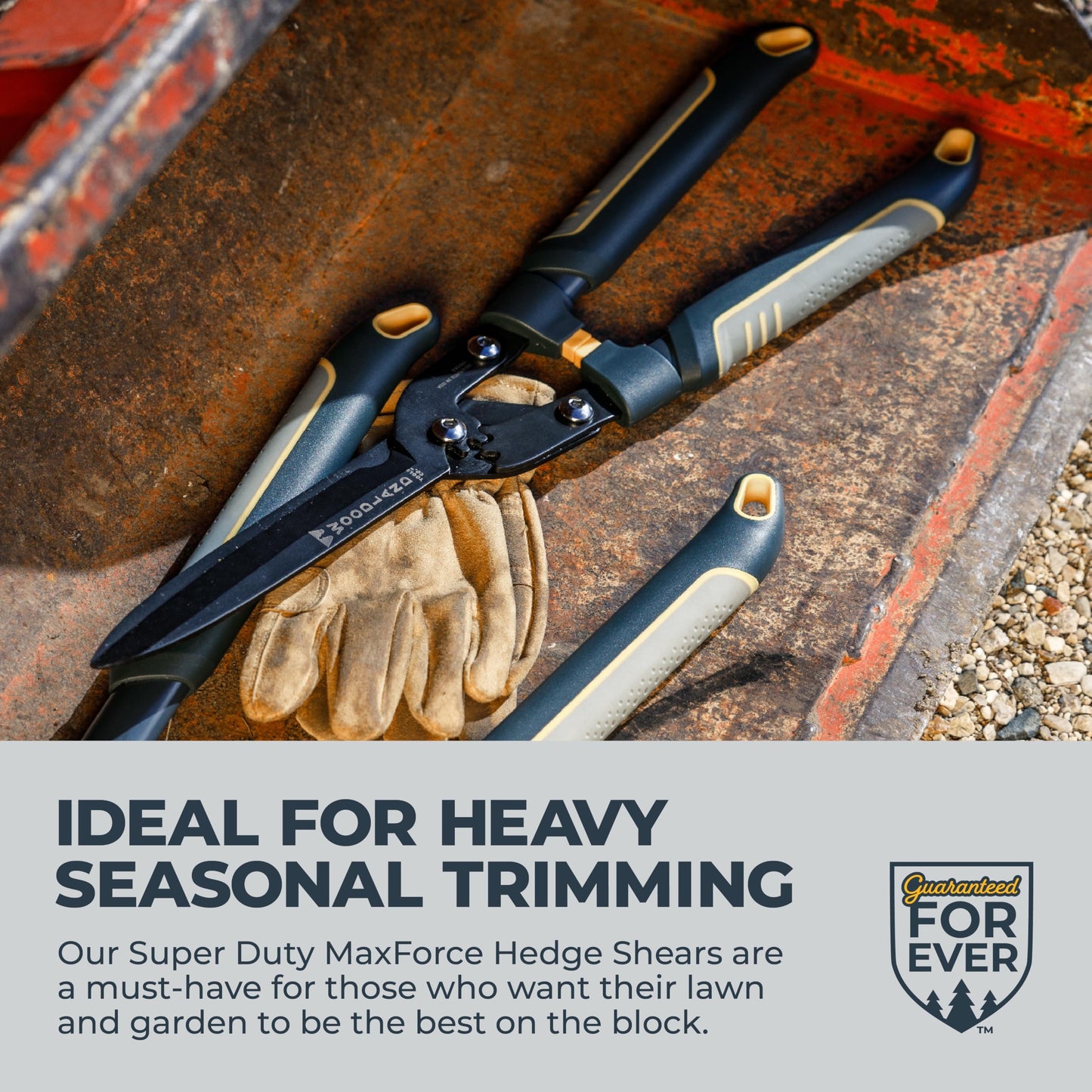 Woodland Tools Super Duty Hedge Shears, 23 Inch Manual Hedge Clippers with 10 Inch Gear-Assist Blades, Power Notch, and Non Stick Coating, Heavy Duty Trimmer for Thick Shrubs and Hedges