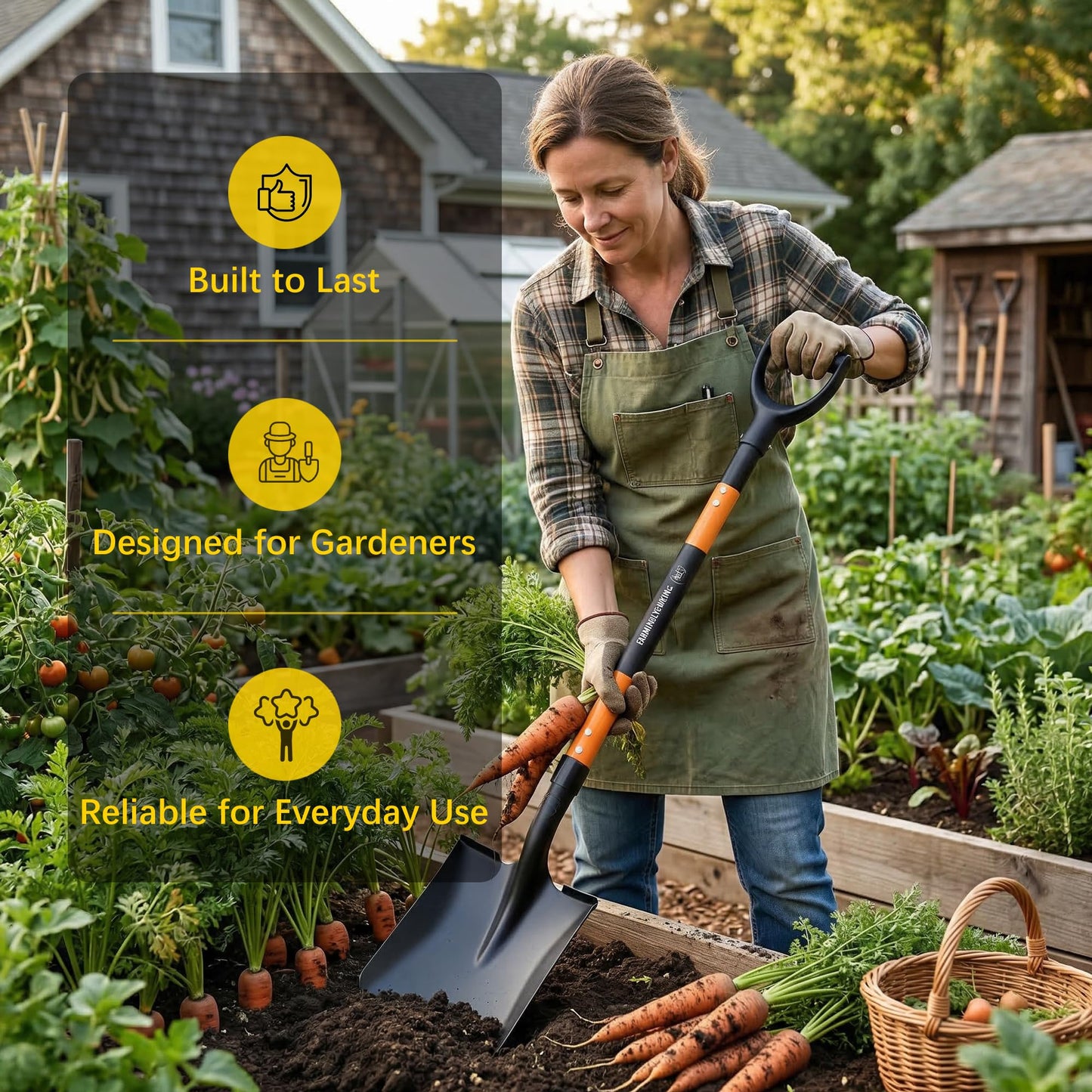 FARMHOLYCOWKING Heavy Duty Steel Flat Shovel–Square Head Shovel with Detachable D-Handle and Anti-Slip Grip, 47 Inch Flat Shovel for Landscaping, Square Shovel for Gardening, Transfer Shovel