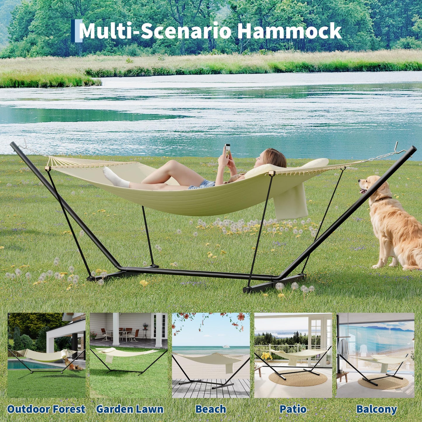 Garvee Double Hammock with Stand for Outdoor, Heavy Duty Portable 2 Person Hammock with Adjustable Steel Stand for Patio, Garden, Beach, Backyard