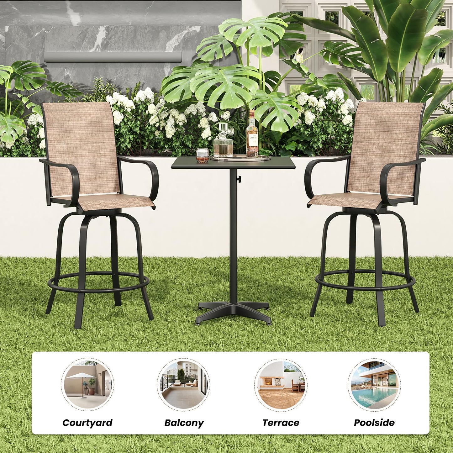 Soohow Outdoor Bar Stools Set of 4, Swivel Patio Barstools with Textilene Fabric, Height Top Patio Chair 360° Swivel, All Weather Use, Ergonomic Comfort Bar Height Tall Outdoor Stools for Balcony