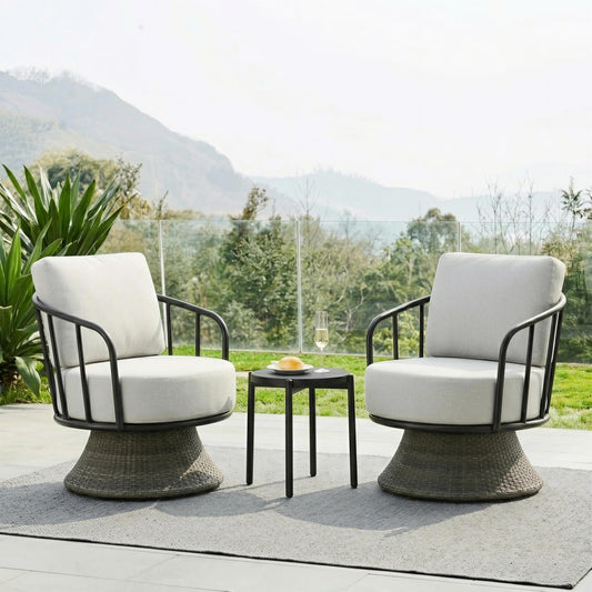 KISLOT 3 PCS Patio Furniture Set,Outdoor Swivel Chairs Set of 2 w/Side Table,Wicker Patio Bistro Set with Overstuffed Washable Cushions or Porch, Balcony, Deck, Dark Gray Rattan and light Gray Cushion