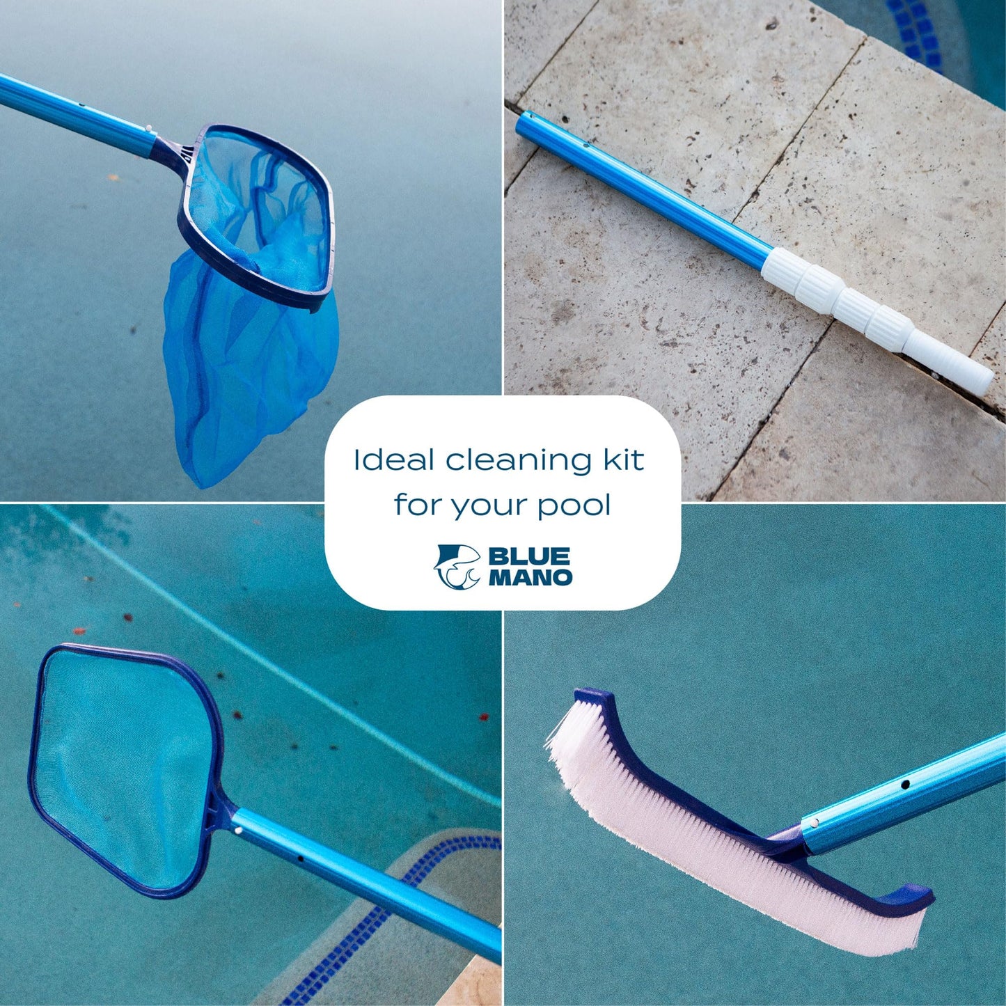 Blue Mano 6 Piece Pool Cleaning Kit - 16" Leaf Rake, 12" Leaf Skimmer, 18" Pool Brush, 4FT Telescopic Aluminum Pole & Standard Chlorine Dispenser - for Pools