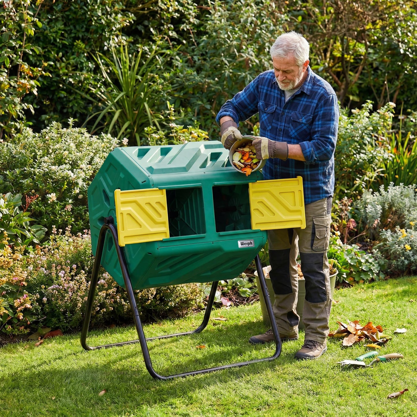 Werph 43 Gallon Compost Bin with Gloves, Fast Assembly & Easy Setup Outdoor Compost Tumbler, Updated Dual Chamber Tumbling Composter for Garden, Kitchen, and Yard Waste, Green