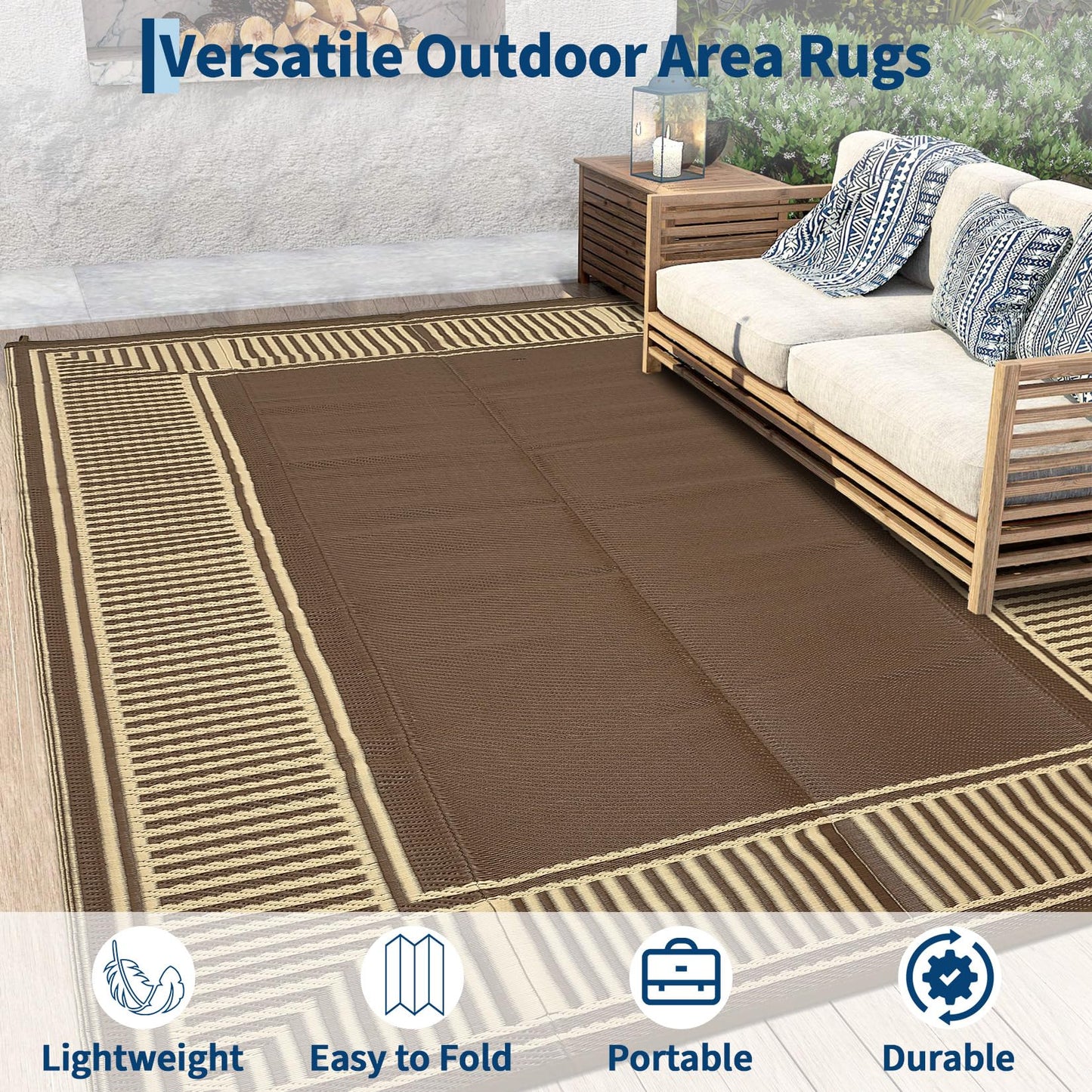 IDEALHOUSE Outdoor Rug 9'x18' Reversible Portable Lightweight Waterproof UV Resistant Plastic Straw Patio Mat for RV Camping Picnic Deck Backyard Peony Brown
