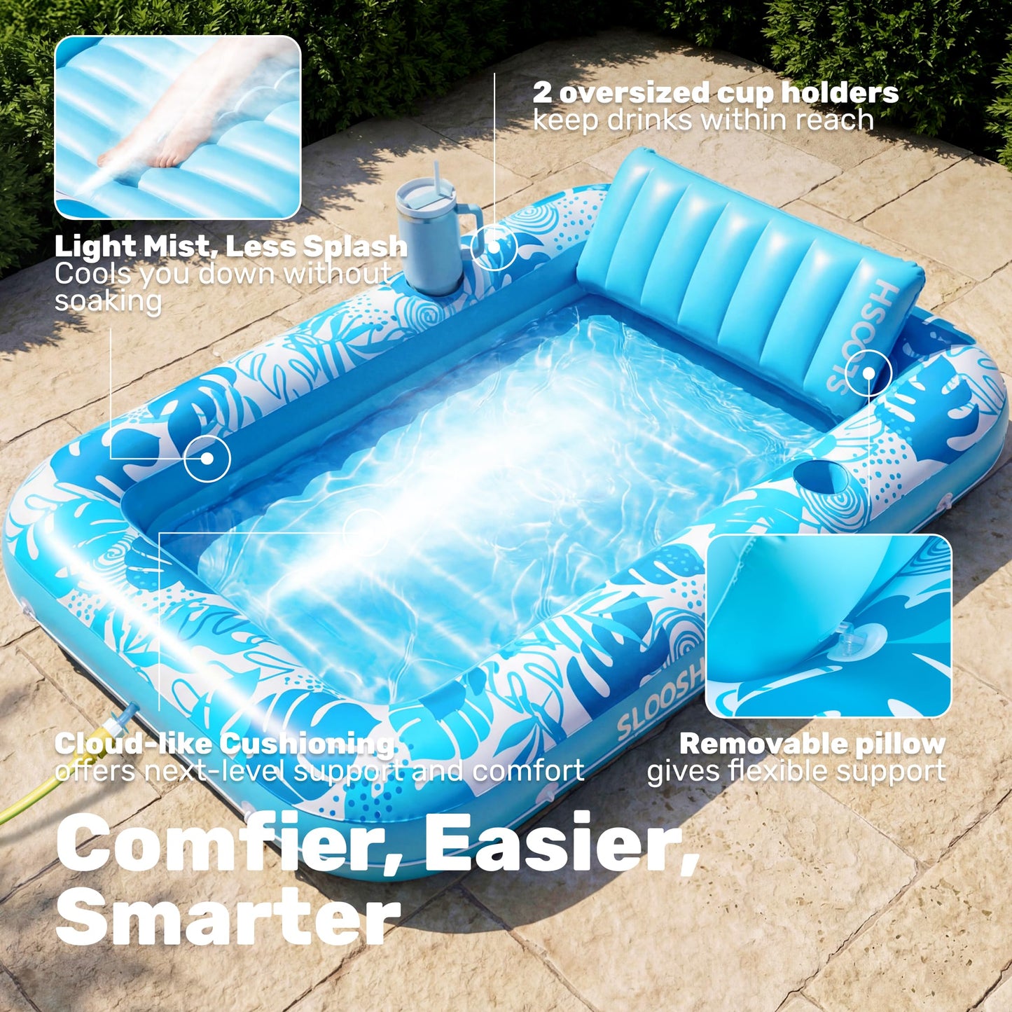 SLOOSH Misting System Inflatable Tanning Pool Lounger Float, 6 in 1 Large Mist Cooling Tanning Bed Floaties with Pillow & Cup Holders, 70" x 46" Blow Up Suntan Lounge Raft Beach Backyard Adults Gifts