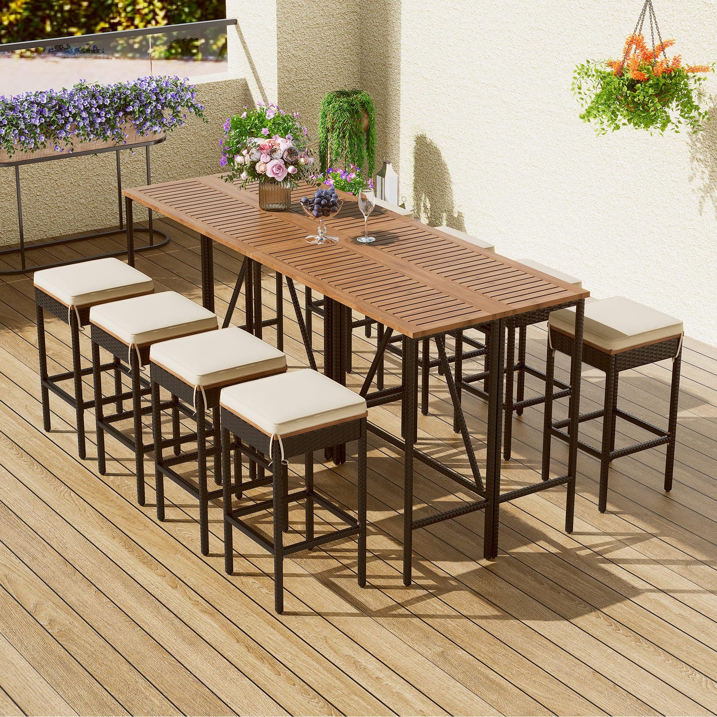 Merax 10-Piece Outdoor Bar Height Table Set with 8 Stools & Cushions, Foldable Acacia Wood & PE Rattan Wicker Patio High-Dining Bistro Set, All-Weather Brown Furniture for Garden, Deck or Backyard