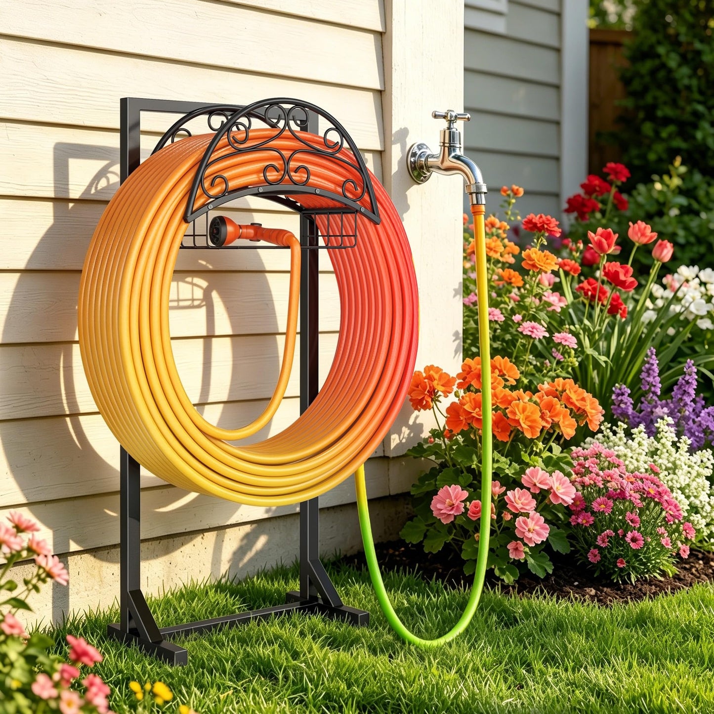 Silvonte Garden Hose Holder – Freestanding Water Hose Stand with Storage Basket, Sturdy Metal Hanger Heavy-Duty Garden Storage Rack for Outside, Supports 151FT