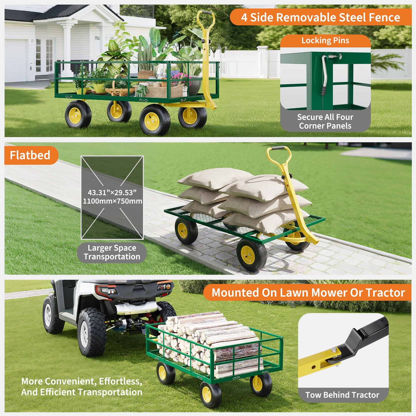 3-in-1 Heavy-Duty Steel Garden Cart, 1200 Lbs Garden Wagon, with 13 Inch All-Terrain Tires and Removable Mesh Side Panels, 180° Rotating Handle, Metal Utility Yard Trailer, Outdoor Gardens Wagon Cart