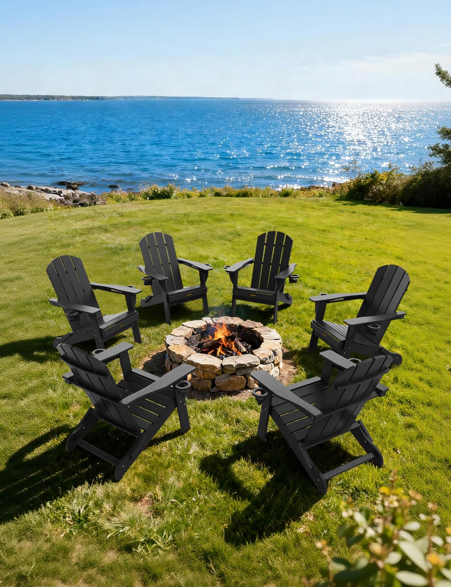 Folding Adirondack Chair, Wooden Textured Plastic Adirondack Chairs with 2 Cup Holder, Weather Resistant HDPE Fire Pit Chair, Outdoor Patio Chairs for Garden, Backyard, Lawn, Deck, 380LBS, Black