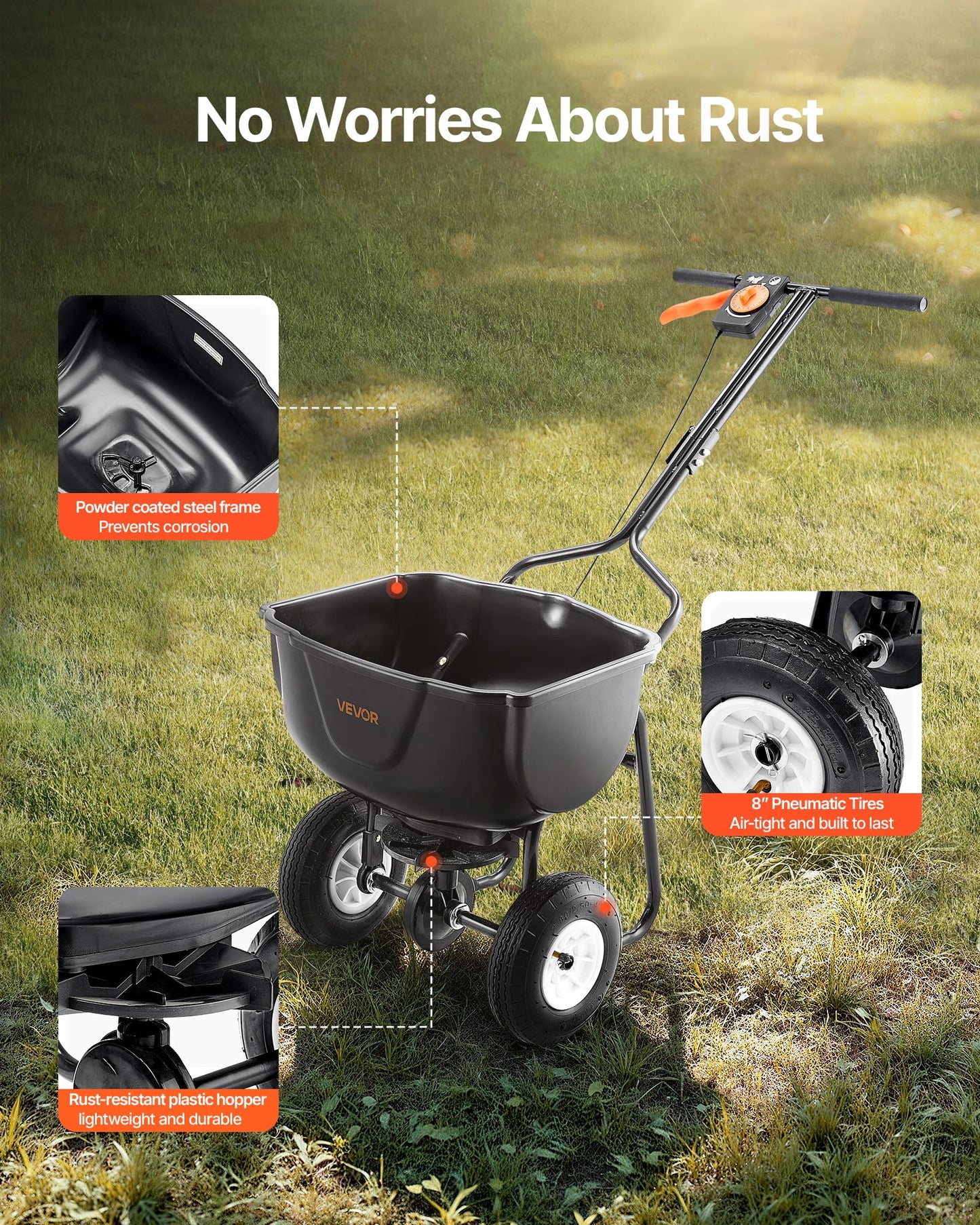 VEVOR Walk Behind Spreader, 60LBS Capacity, Push Spreader with 0-9.8 ft Spreading Width, 8 in All Terrain Pneumatic Tires, Garden & Lawn Broadcast Spreaders, for Seed, Fertilizer
