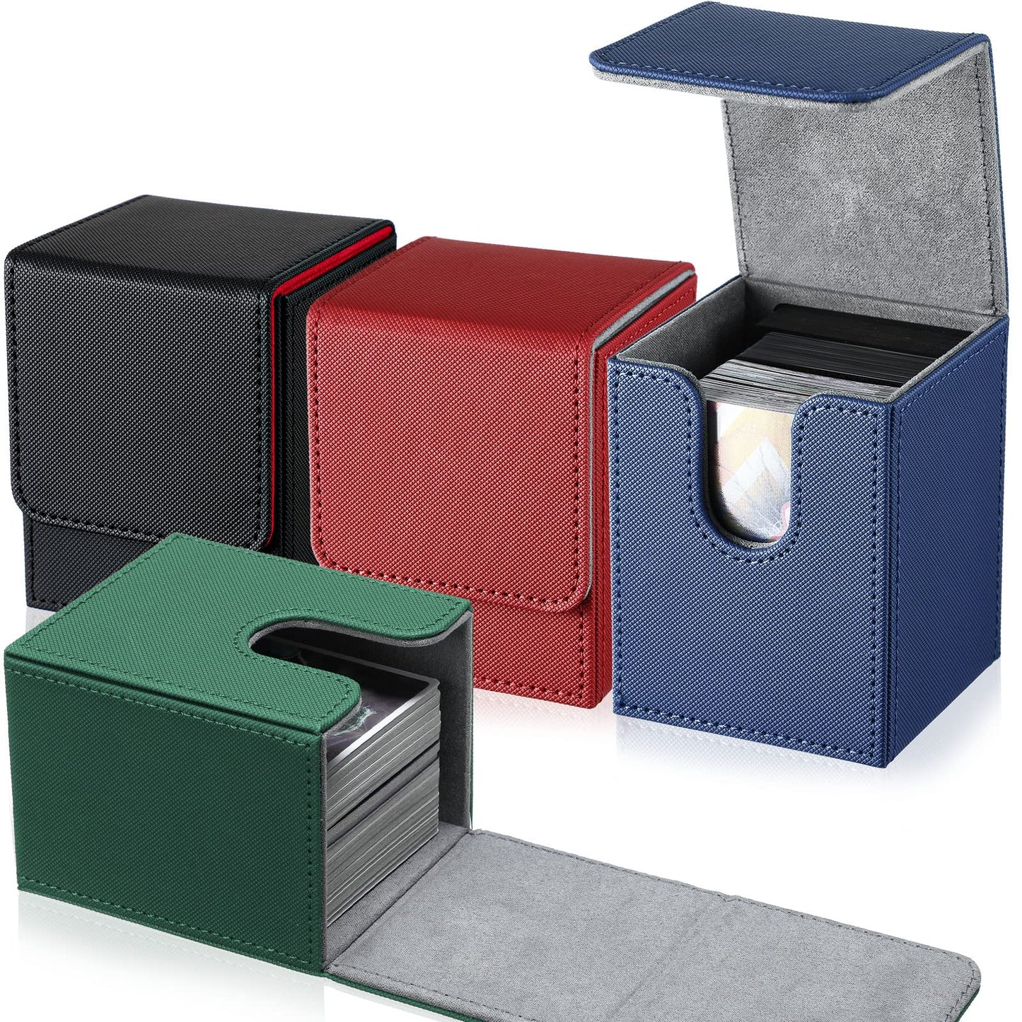 Yookeer 4 Pieces Leather Deck Card Boxes Cards Deck Game Box for Collectible Playing Card Box Compatible with MTG Commander(Black and Red, Green, Blue, Red,Vertical)