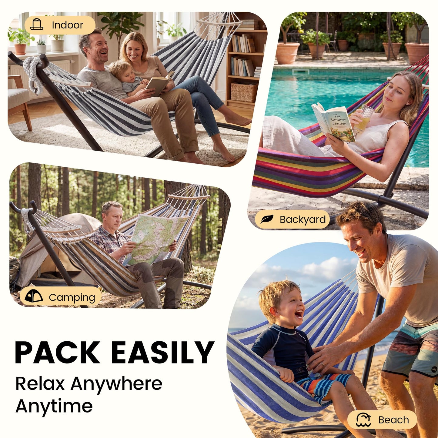 EveryFun Double Hammock with Heavy-Duty Steel Stand,Portable,Easy Assembly,600lbs Weight Capacity,Perfect for Indoor,Yard,Camping,or Outdoor-Rainbow