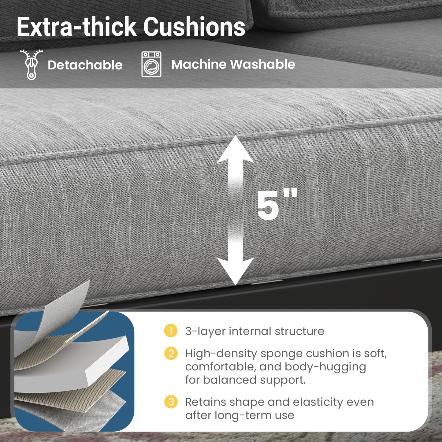 Solaste Aluminum Outdoor Patio Furniture Set, 7 Seats Patio Sectional Sofa with 5" Thick Cushion, Outdoor Patio Set with Coffee Table for Porch, Backyard, Deck, Yard, Light Grey