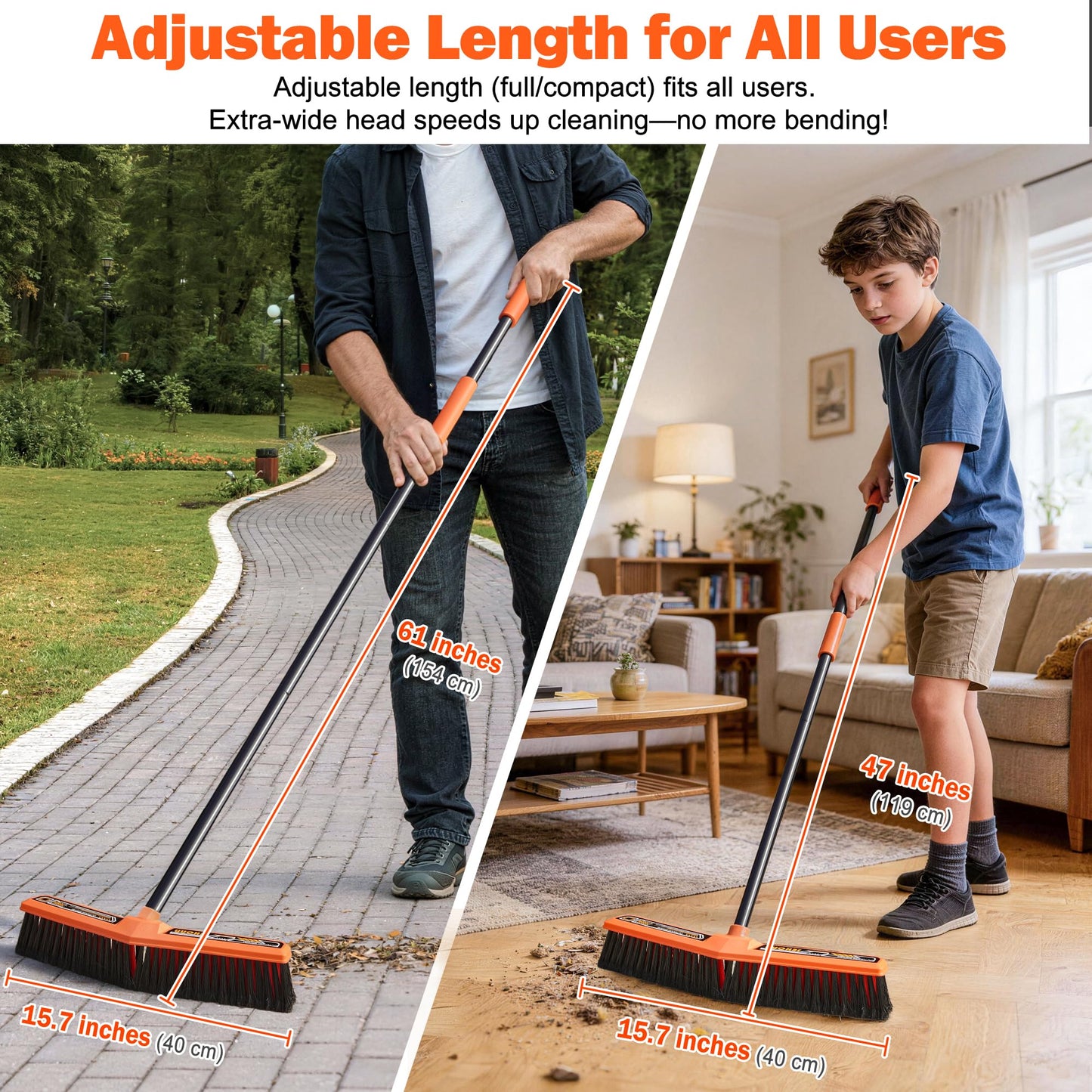 JEHONN Push Broom Outdoor Heavy Duty, 15.7 inches V-Shaped Stiff Bristle Commercial Industrial Brush with 61” Long Handle for Garage Warehouse Shop Garden Patio Driveway Yard Street Deck (Orange)