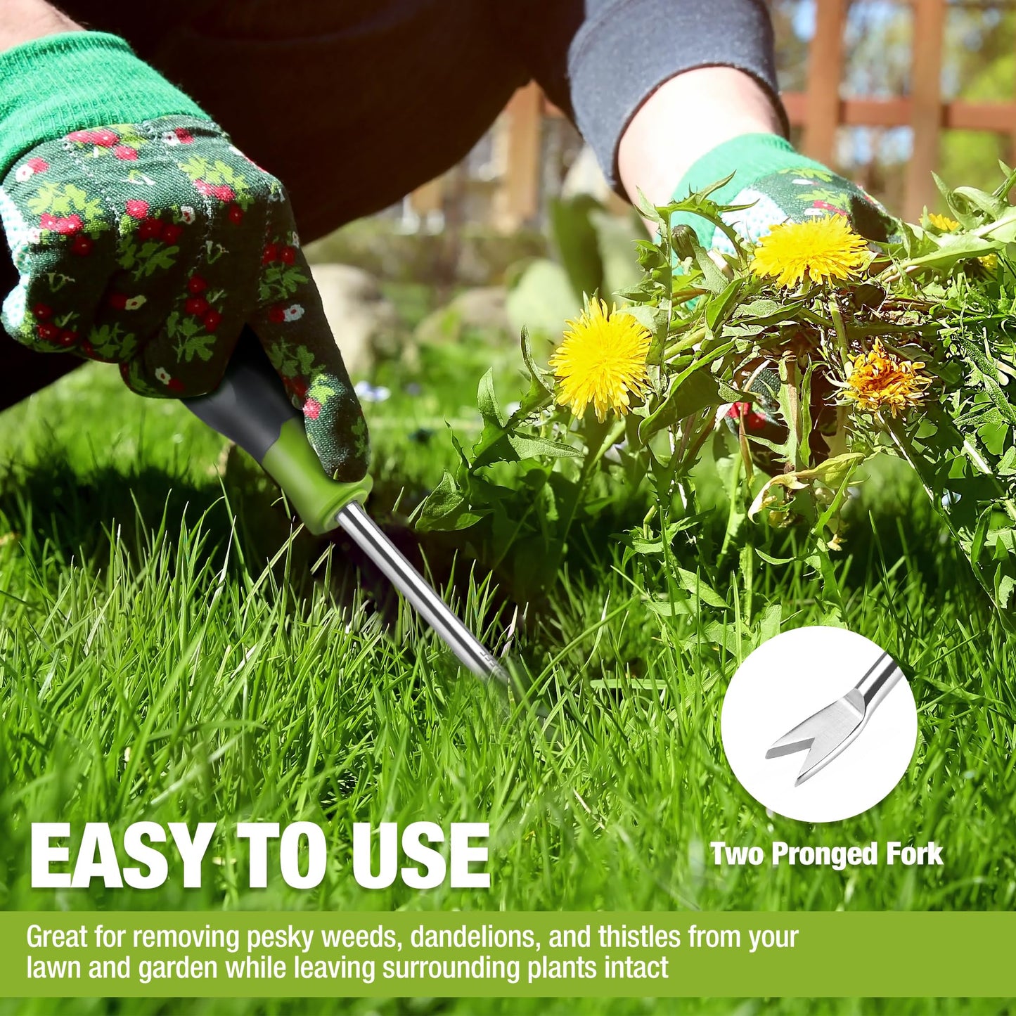 WORKPRO 11.5" Dandelion Weeder Puller Tool with Soft Handle, Polished Stainless Steel Garden Weed Remover Tool, Two-Pronged Fork Weeder Tool for Lawn Farmland Transplant Gardening Plant Tool