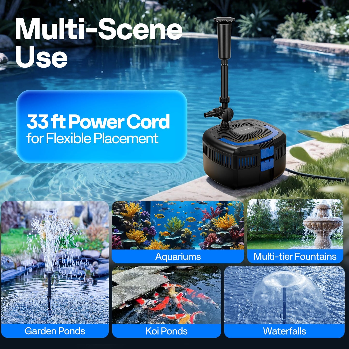 VIVOHOME 4-in-1 Pond Filter System Kits, 1370 GPH Water Pump with Filter, Fountain and 13W Light Combo for Ponds up to 2113 Gallons