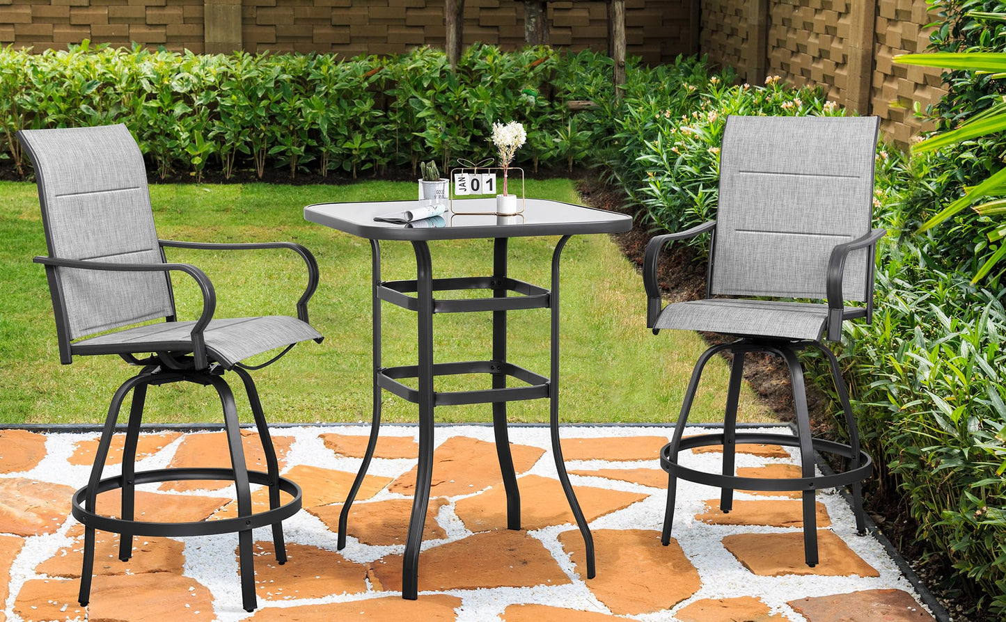 Shintenchi 3 Piece Patio Swivel Bar Stools Set, Outdoor Patio Bar Table and Chairs Set, All Weather Bar Height Chairs Set of 2, High Top Bistro Set Furniture for Balcony, Backyard, Padded Light Grey