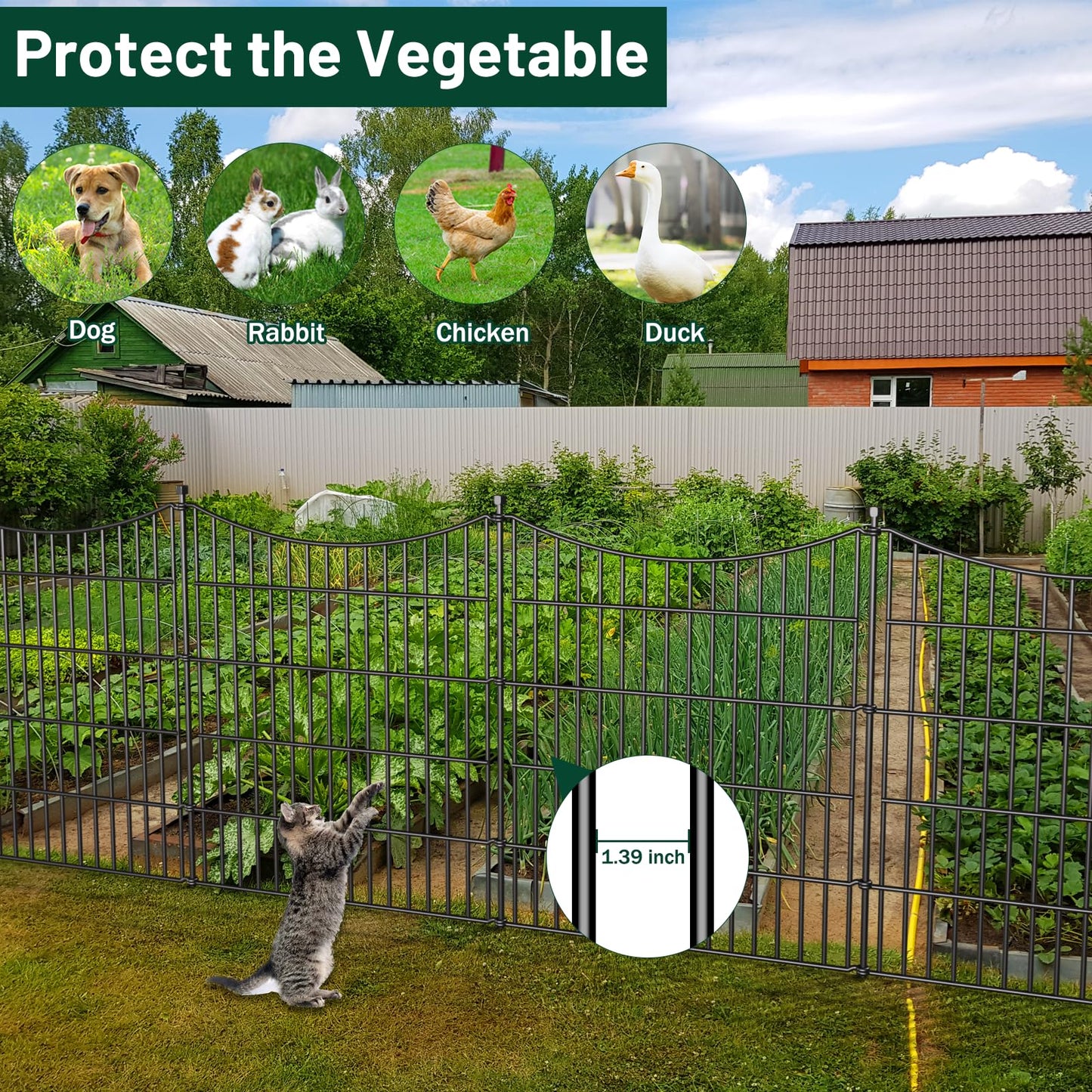 15 Panels Decorative Garden Fence with Gate, 32 in(H) X 35.4 ft(L) No Dig Dog Fence Animal Barrier Outdoor for Yard, Rustproof Metal Garden Edging and Borders, Temporary Fencing Stakes