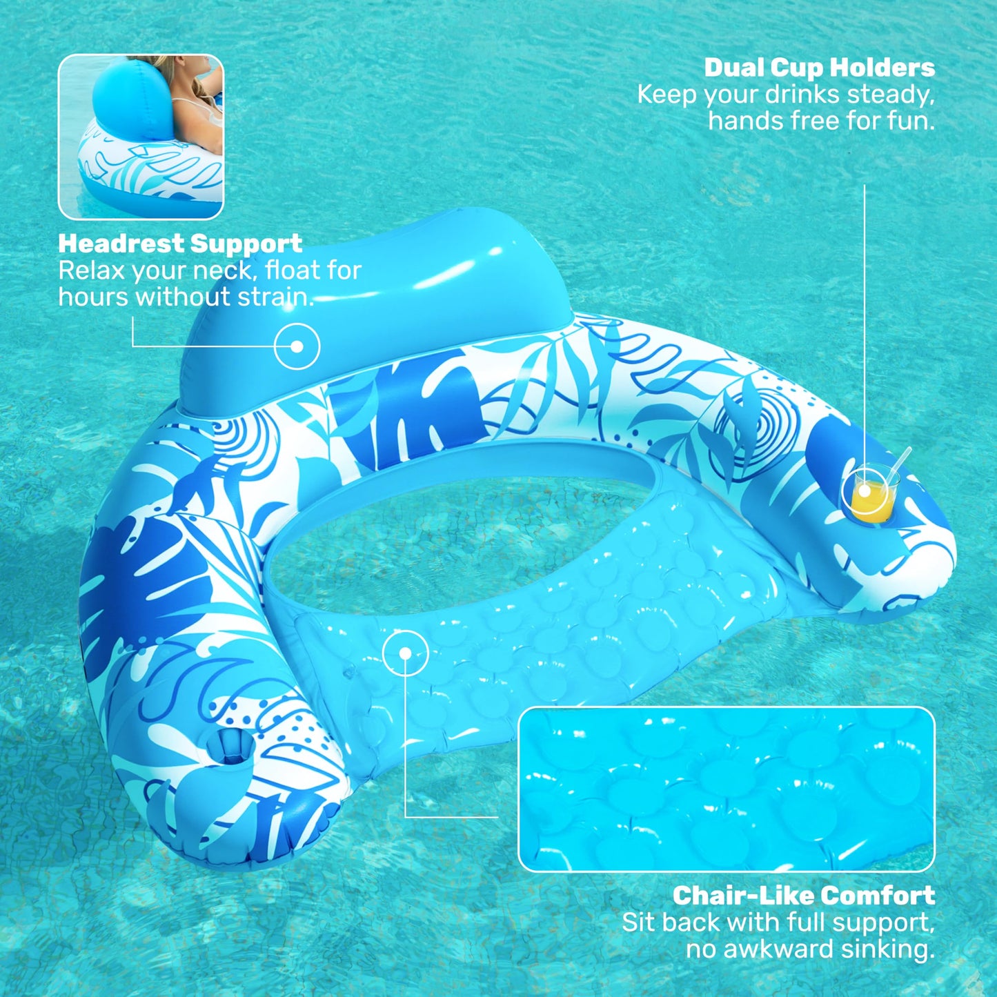 SLOOSH Inflatable Pool Floats Adult,2 Pack Pool Chairs with Cup Holders,X-Large Blow up Floats Chair,Hammock Noodle Mat Leaves Design for Relaxing Summer Water Fun Swimming Party Beach,Blue,Green