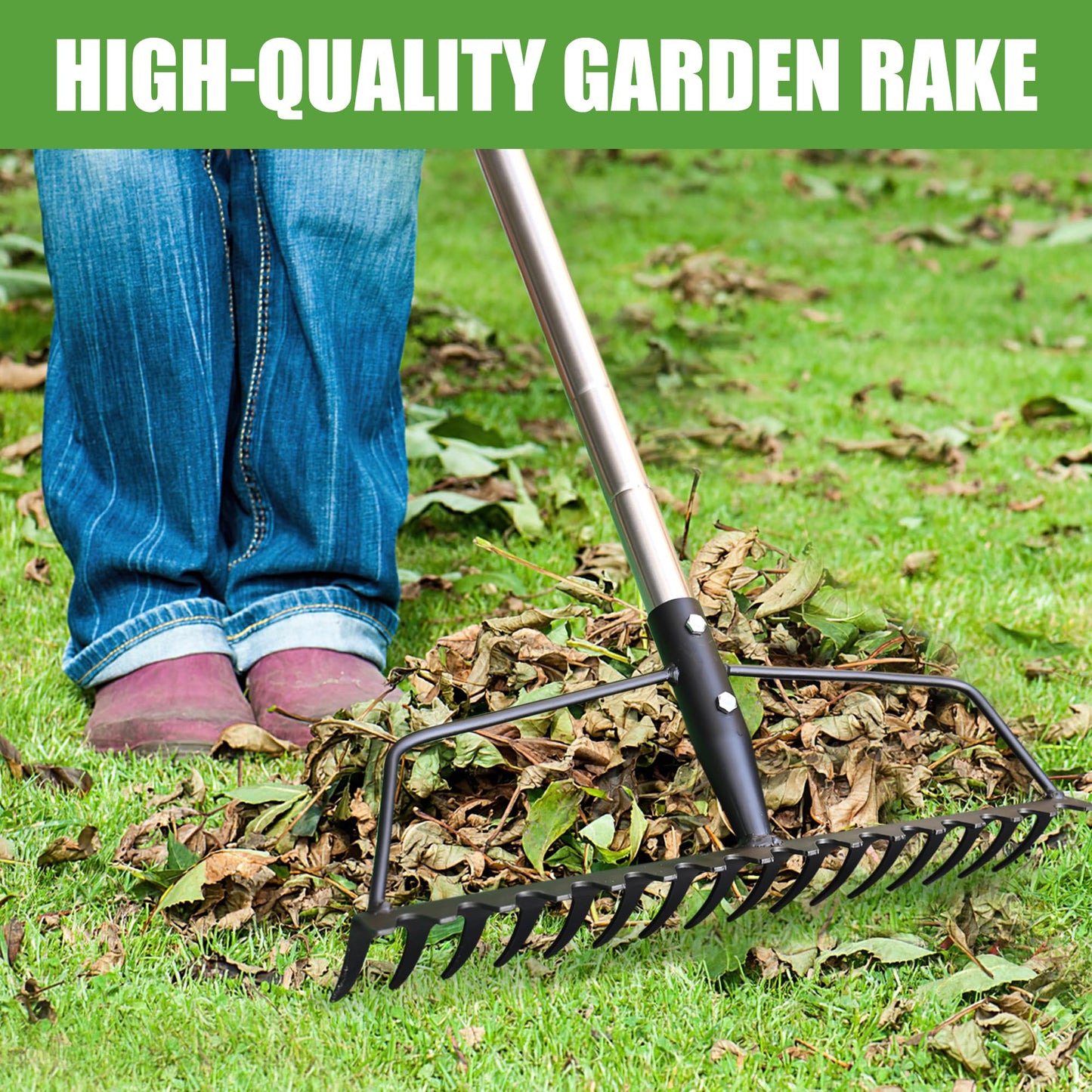 YEELOR Garden Rake, Heavy Duty 16-Tine Bow Rake with Adjustable Stainless Steel Handle, Metal Rake for Yard Work, Loosening Soil, Leveling Mulch, Gathering Leaves