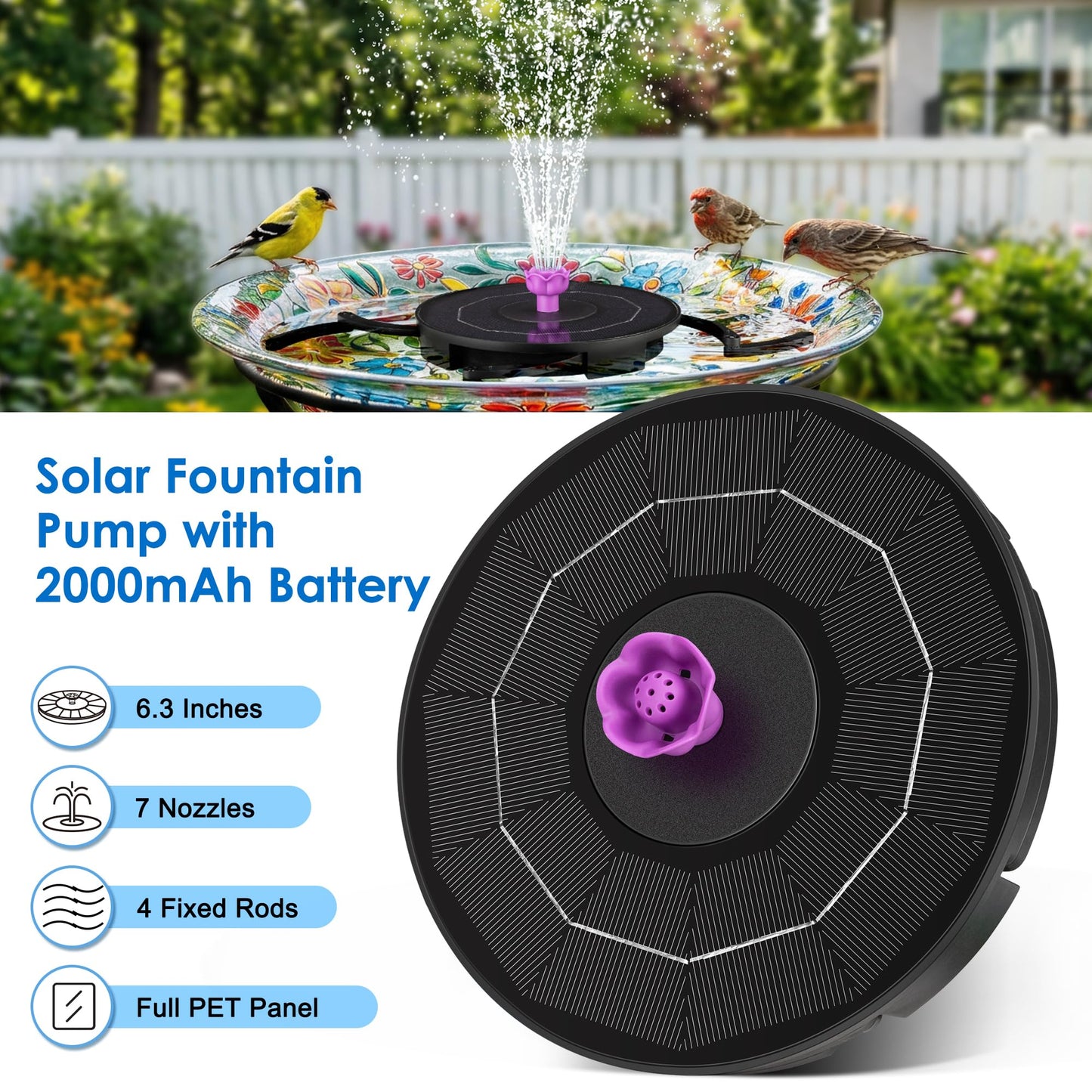 VOROSY Solar Powerd Fountain, Works in Cloudy with 2000mAh Battery Backup, Solar Bird Bath Fountain with 4 Adjustment Rods, 7 Nozzles, Outdoor Water Fountain for Brid Bath, Garden, Pool, Pond