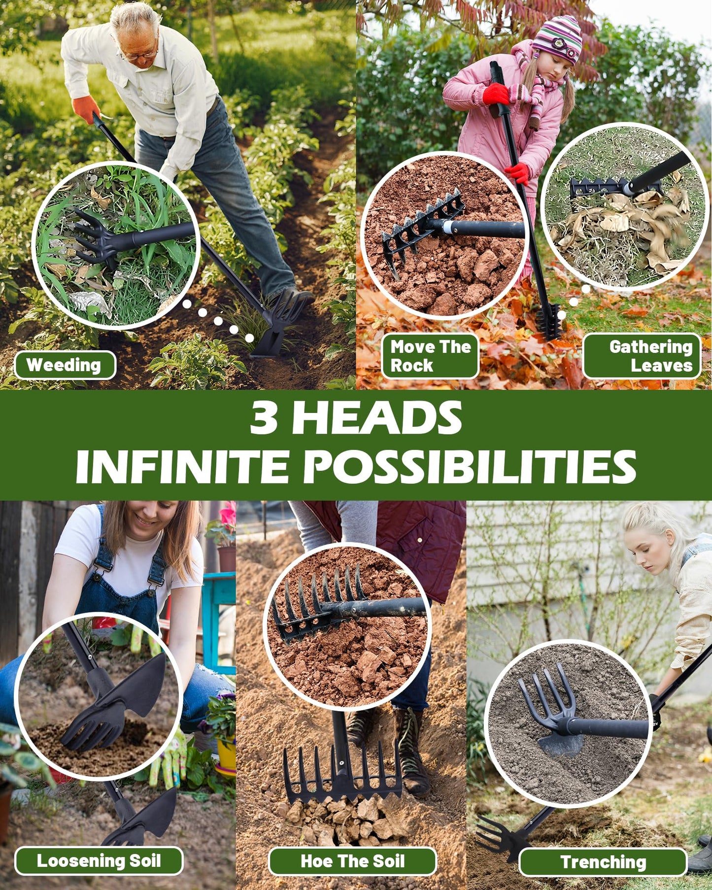 HIPULX 5-in-1 Garden Hoe - Adjustable 37" to 50" Handle, 5 Tool Heads, Heavy-Duty Weeding, Cultivating, and Raking Tool for Gardening, Camping, and Outdoor Use