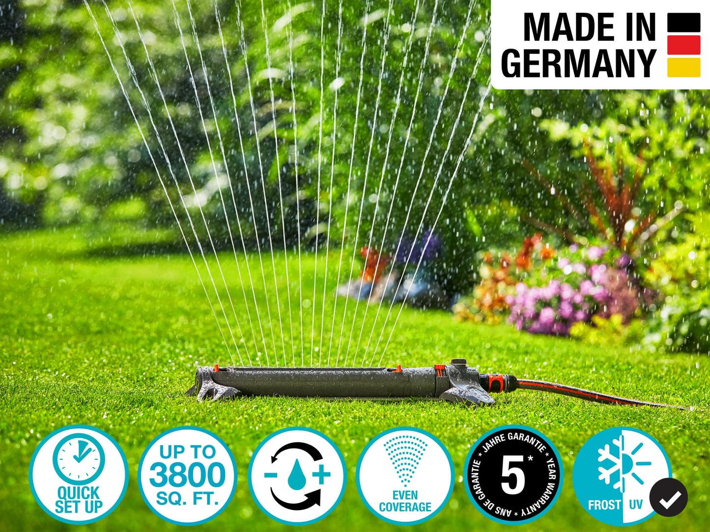 GARDENA 20570 | Up to 3800 sq ft - AquaZoom Adjustable Oscillating Yard Sprinkler, for Watering Large Area Lawn and Garden. Aquazoom Outdoor oscillating Sprinkler has Wide Heavy Duty Base.