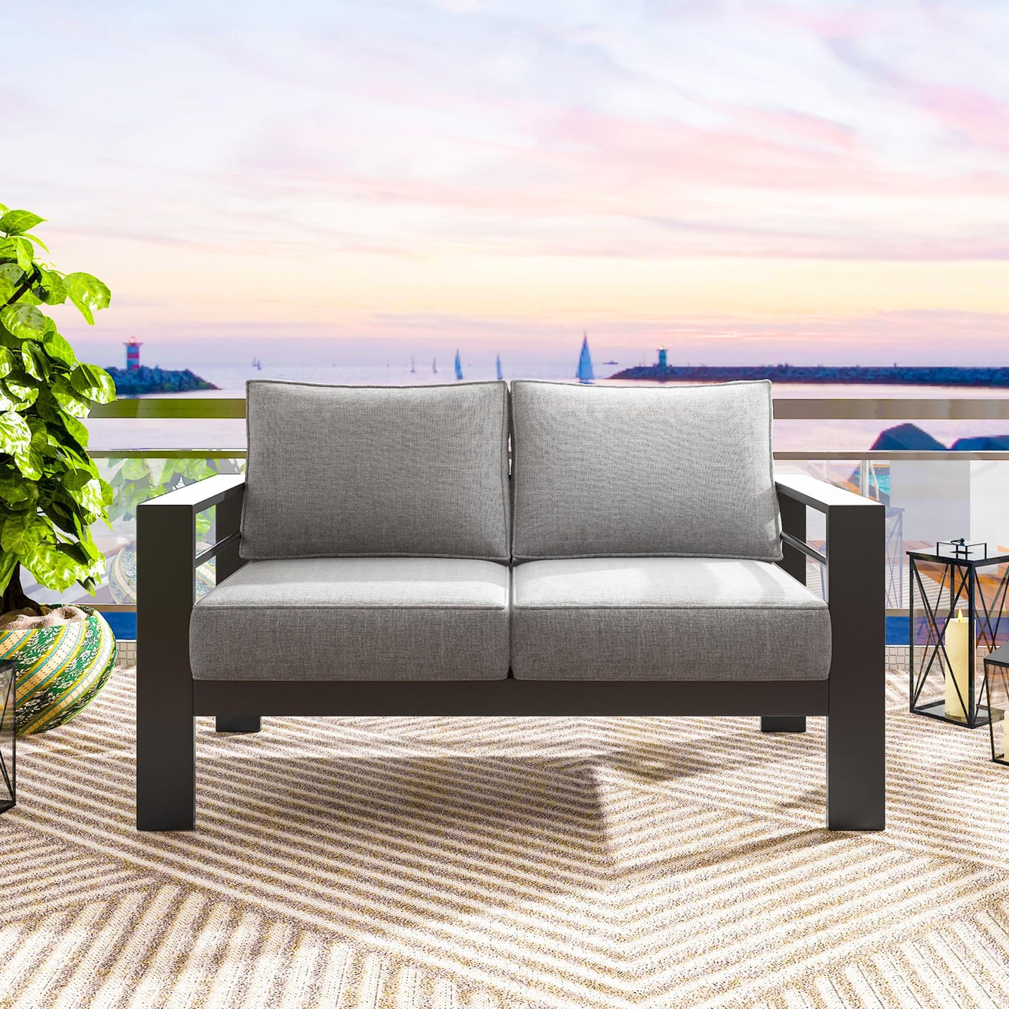Solaste Aluminum Patio Loveseat, Metal Patio Sofa with Water-Resistant Cushion, Weather-Resistant Modern Outdoor Loveseat, Black Frame Grey Cushion
