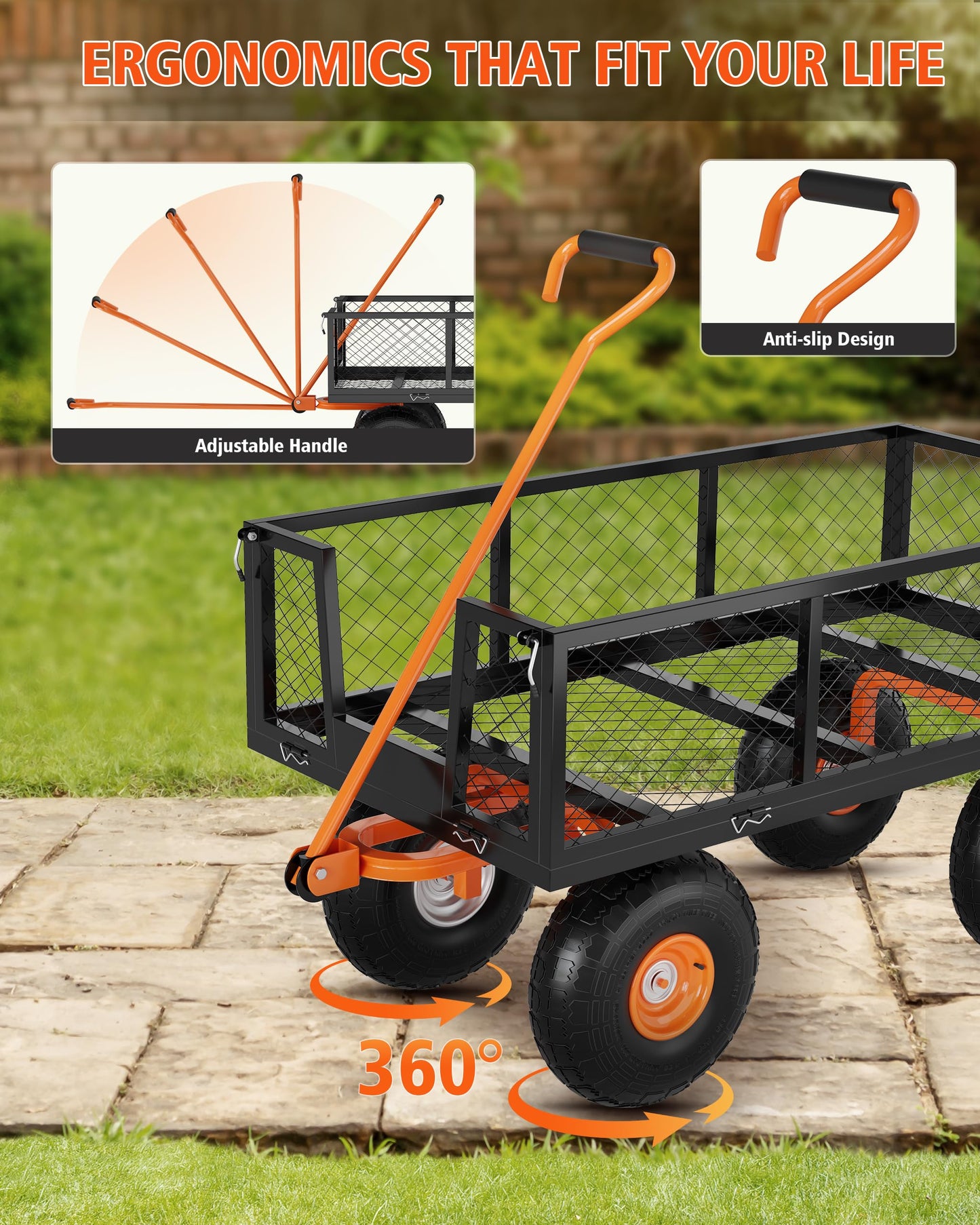 Garvee Steel Garden Cart, 900 LBS Capacity Utility Outdoor Wagon, Heavy Duty Mesh Garden Metal Wagon with Removable Sides and 10" Tires for Yard, Lawn, Garden