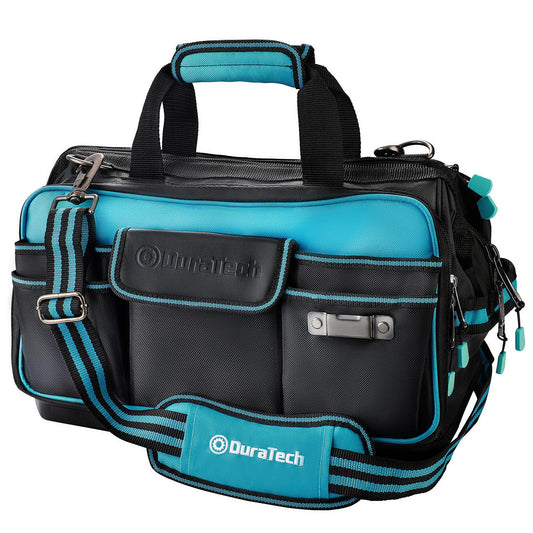 DURATECH 17" Wide Mouth Tool Bag, Large Storage 32 Pocket Tool Bag Organizer with Water Proof Molded Base, Adjustable Strap, Clip Design, 840D Oxford Fabric