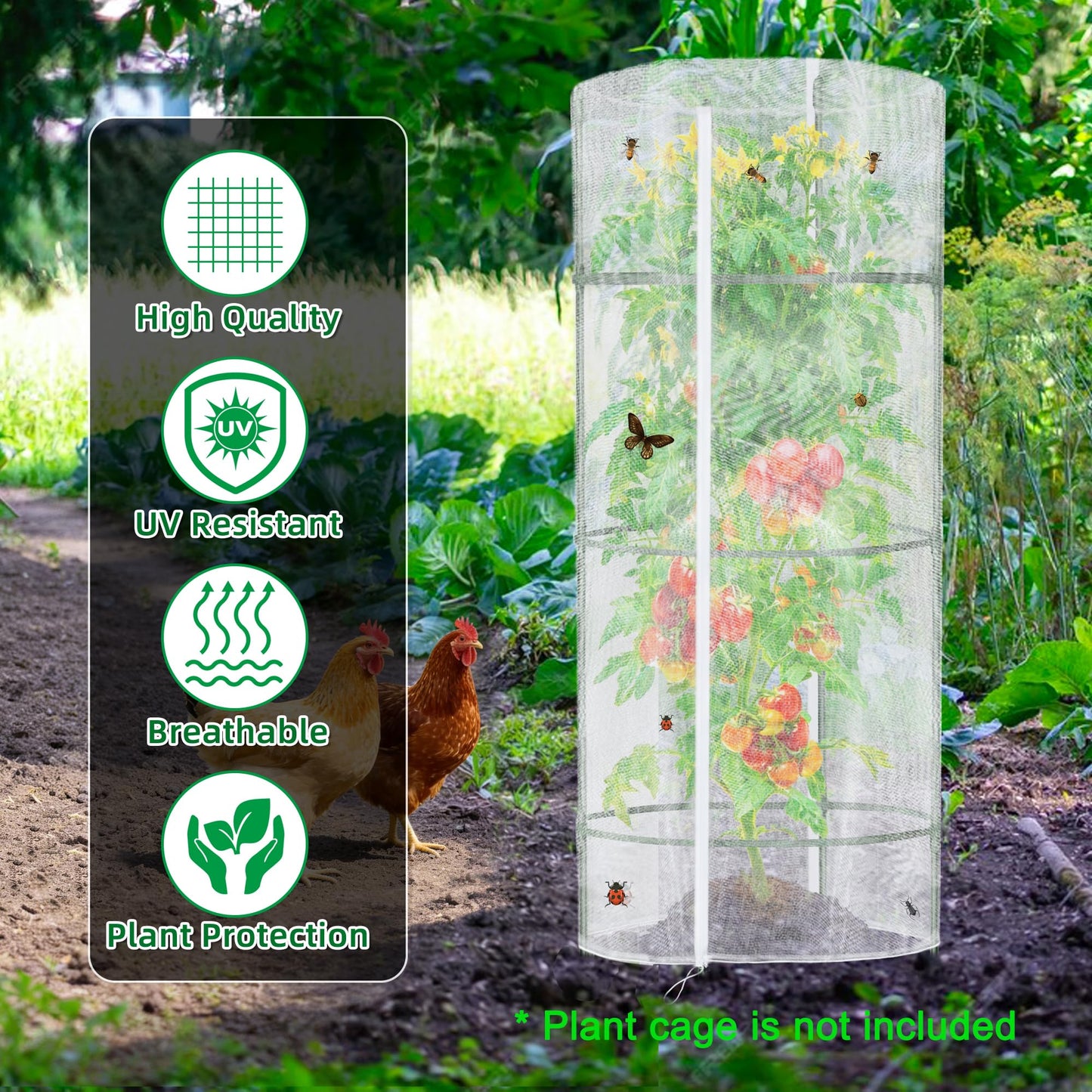 3 Pack Garden Netting for Round Plant Cage, 55" x 15" Tomato Cage Bird Netting Mesh Plant Cover with Zipper, Tomato Trellis Pest Barrier Garden Protection Net Cover for Climbing Plants Vegetables