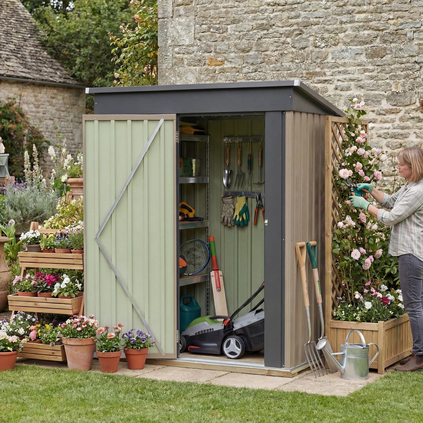 Greesum 5x3FT Outdoor Storage Shed with Base, Utility Tool Shed with Sloping Roof, Metal Storaged Garden Shed with Door & Lock for Patio Storage, Brown