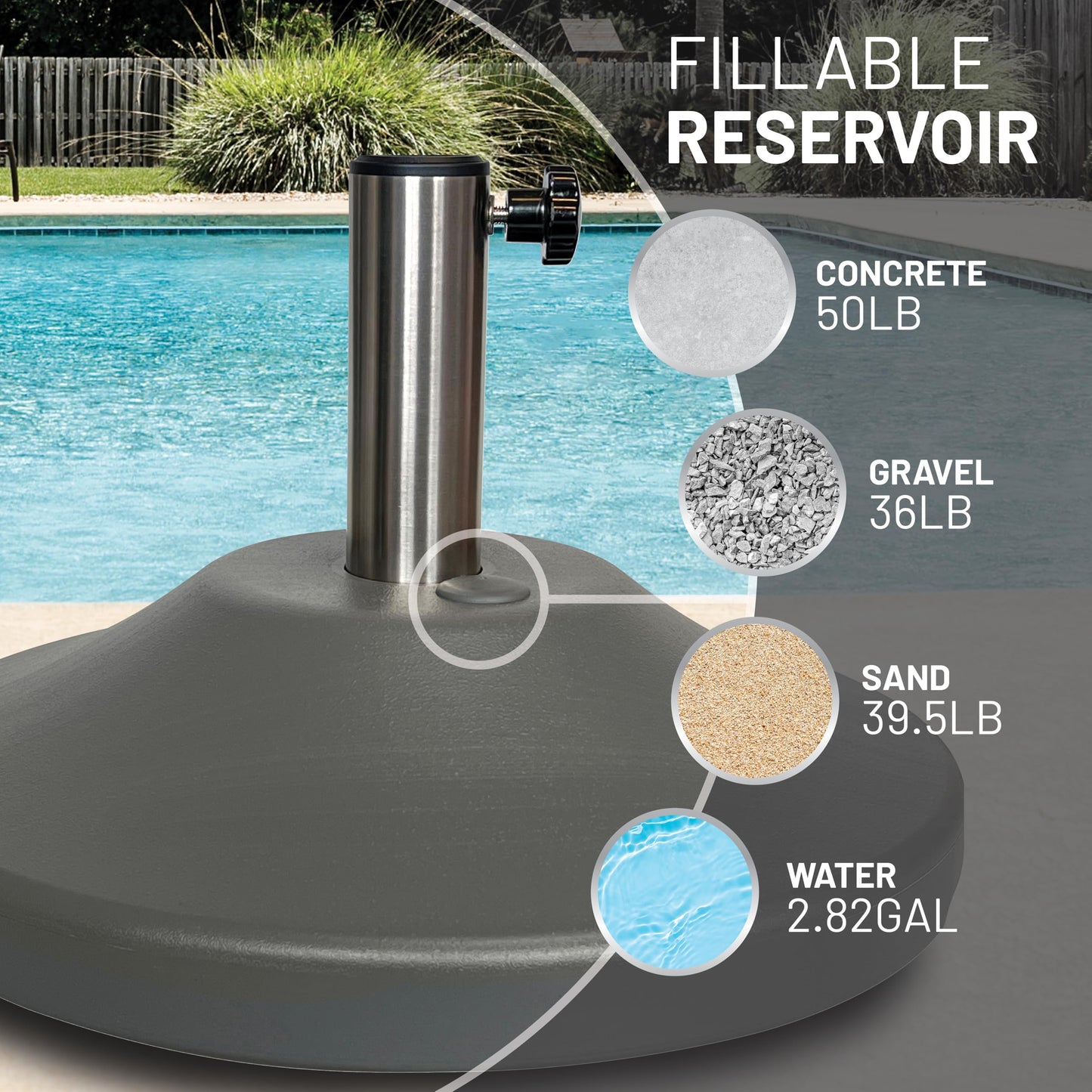US Weight Premium Fillable Umbrella Base for Patio Table - Adjustable Umbrella Stand with Stainless Steel Stem - Made in The USA - Grey