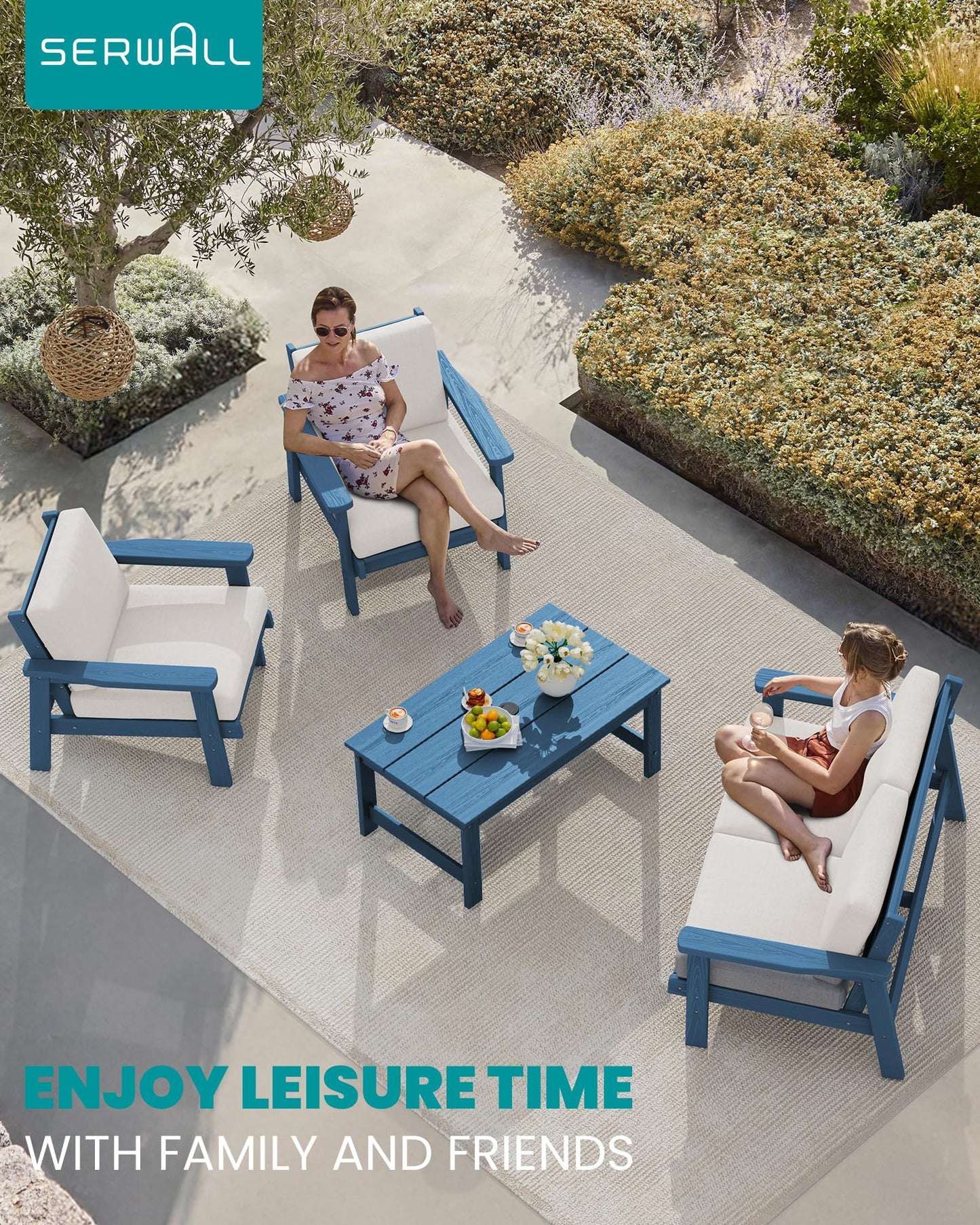 SERWALL HDPE Outdoor Patio Loveseat, Blue Frame and Khaki Cushion