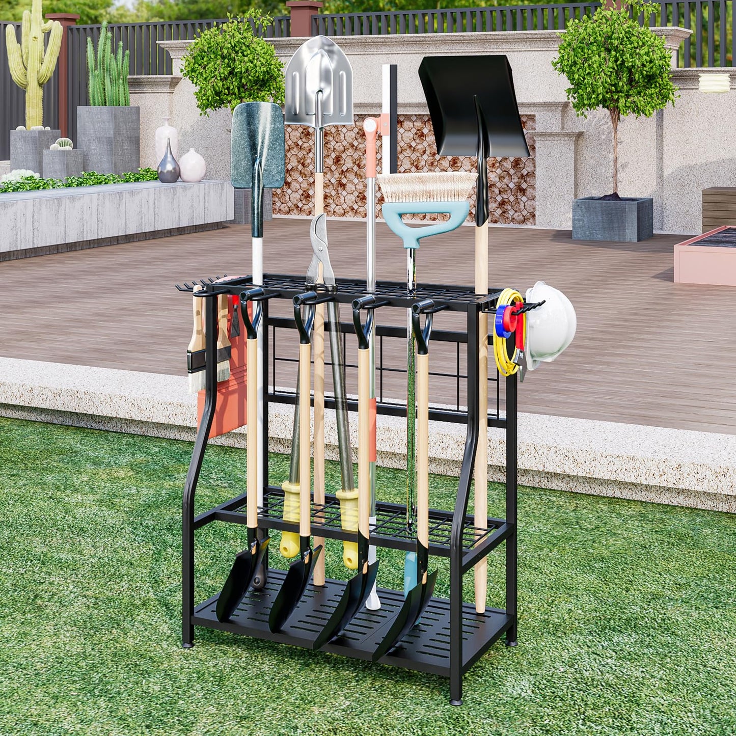 YIZAIJIA Garden Tool Organizer Holder Heavy Duty Steel Rack Up to 60 Long Handled Tools for Garage Shed Outdoor Garden Yard Black
