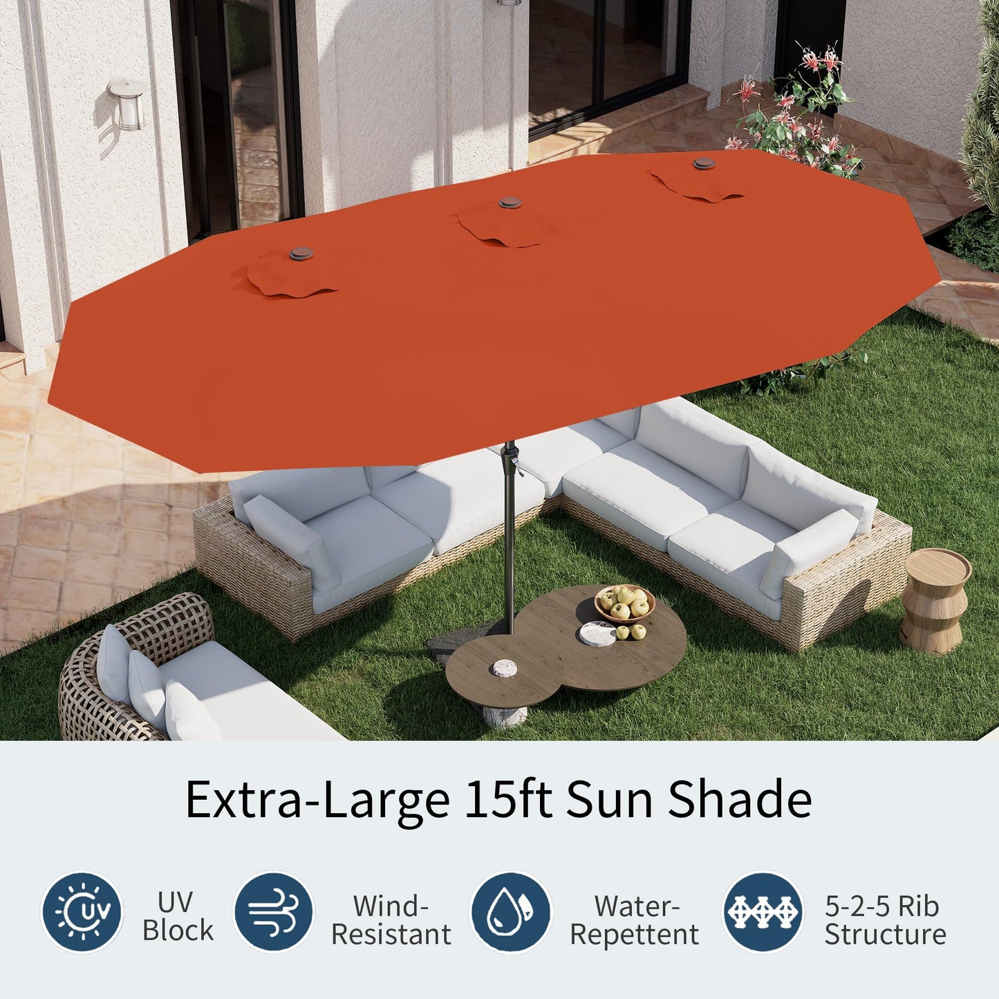 PatioKingdom 15FT Large Patio Umbrella with Base, Double Sided Rectangular Outdoor Umbrella with Sturdy Fiberglass Ribs, Market Umbrella for Pool,Garden,Backyard,Deck (Orange, 15FT)