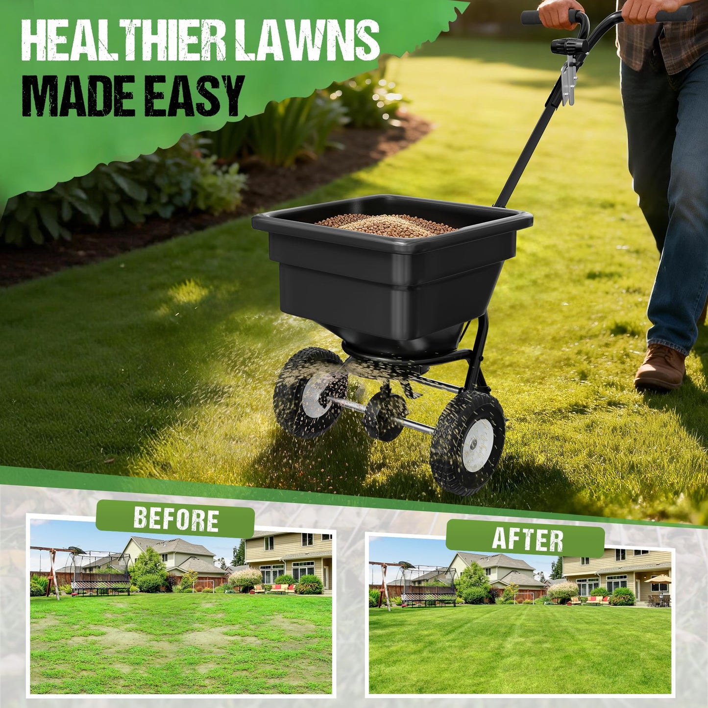 PPOLB Fertilizer Spreader 100LB Capacity, Walk-Behind Push Broadcast Spreader with Hopper Screen & Rain Cover, 0–10FT Spreading Width, Seed & Salt Spreader, 12" Pneumatic Wheels, 30-Level Flow Control