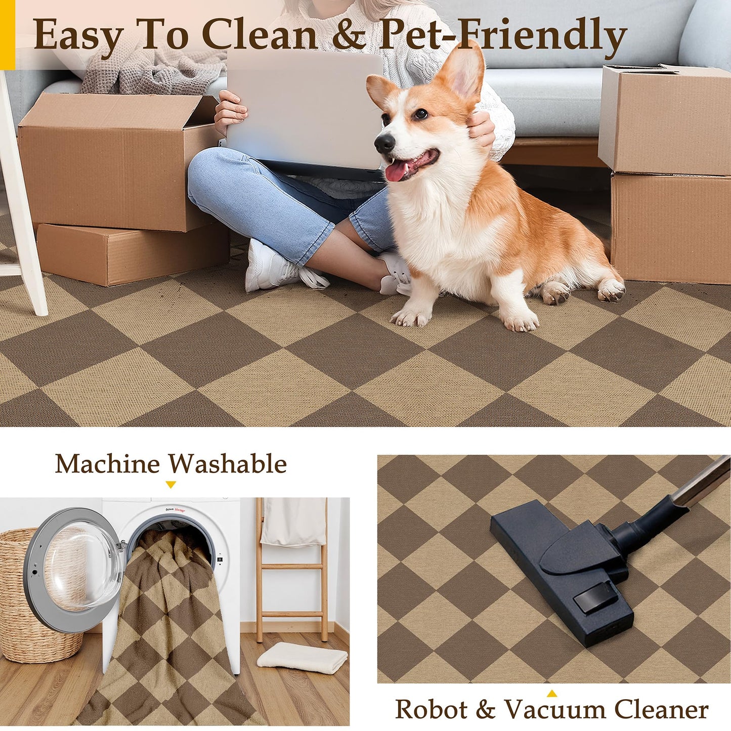 PureCozy 8x10 Checkered Easy Jute Area Rug for Living Room Large Checkerboard Washable Indoor Outdoor Carpet Farmhouse Patio Office Mat Geometric Non Slip Brown Carpet for Backyard Dining Room