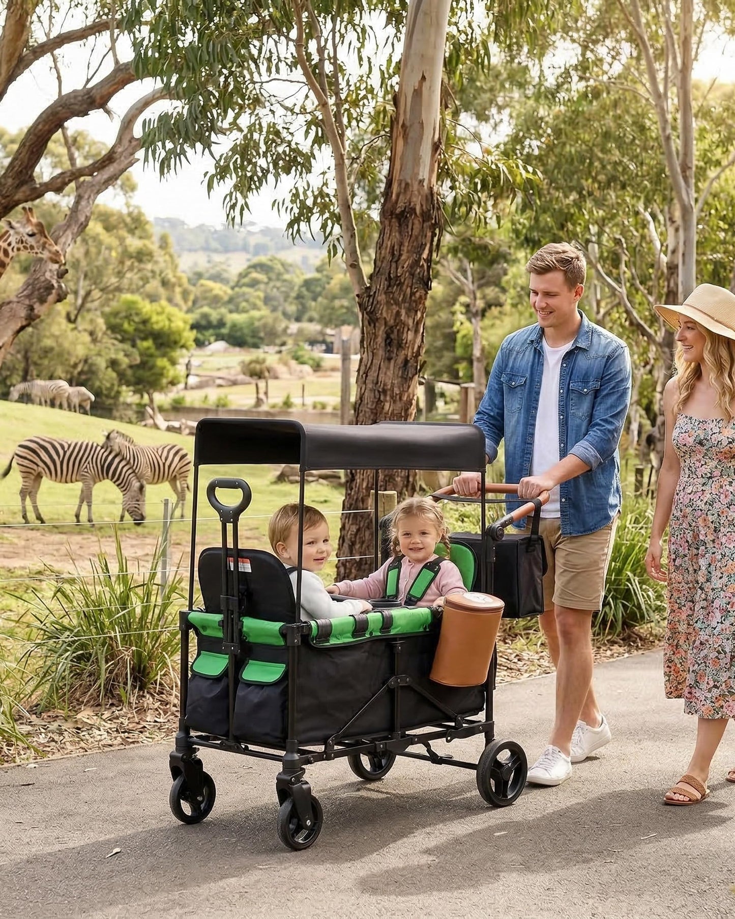 2-in-1 Wagon Stroller for Two Kids – Foldable Push & Pull All‑Terrain Wagon with Canopy, 5‑Point Harnesses,Removable Snack Tray,Storage Bag, Lightweight, Compact Trunk-Friendly Fold – Green
