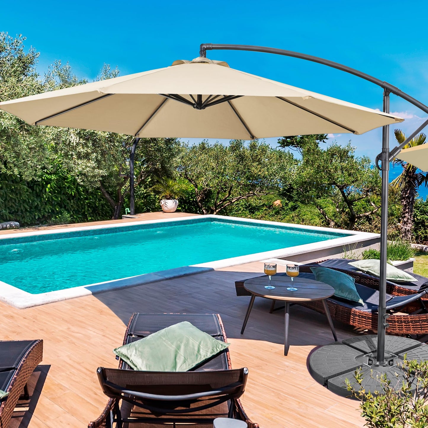 Yaheetech 10FT Patio Offset Umbrella - Cantilever Hanging Outdoor Umbrellas w/UV Protection & 8 Ribs & Handy Crank & Cross Base for Market/Garden/Lawn/Deck/Backyard/Pool - Tan