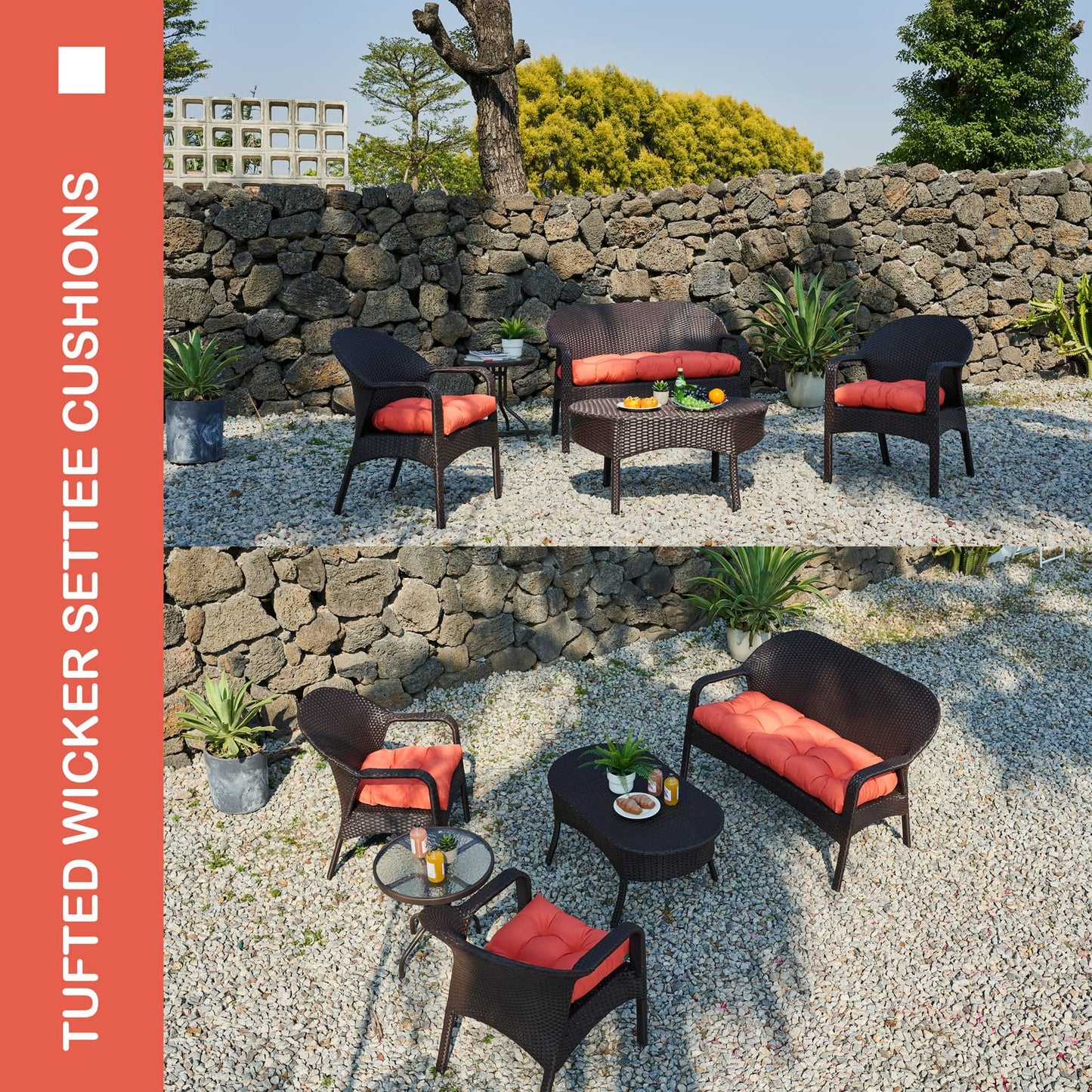 YOOZEKU Outdoor/Indoor All Weather Tufted Wicker Chair Cushions of 3 Pieces, 1 Loveseat and 2 U-Shape Waterproof Cushions for Patio Furniture,Wicker Loveseat,Bench-Orange