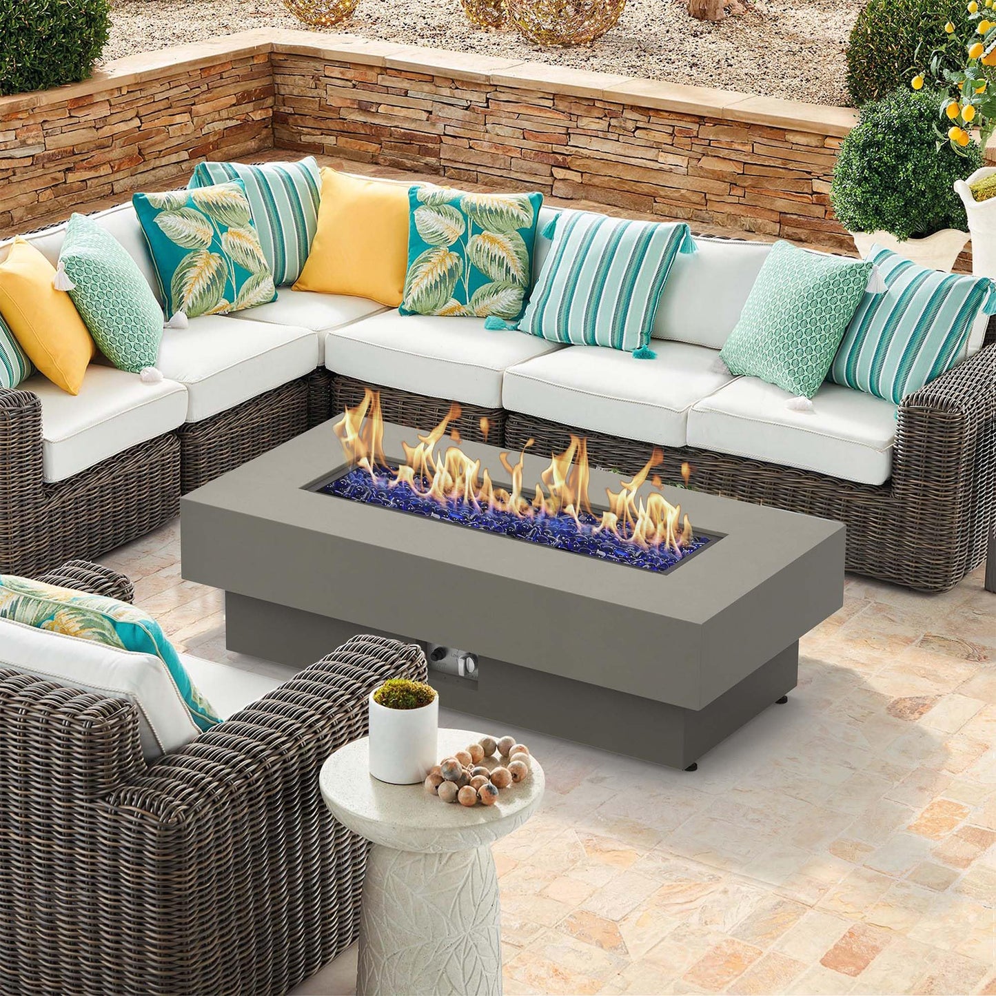 Outdoor Low Profile Fire Table, 48-inch Rectangle Propane Gas Fire Pit Table, 50,000 BTU Modern Firepit w/Lid, Glass Rocks, Cover, Pre-Attached 10ft Propane Hose, Flint Gray