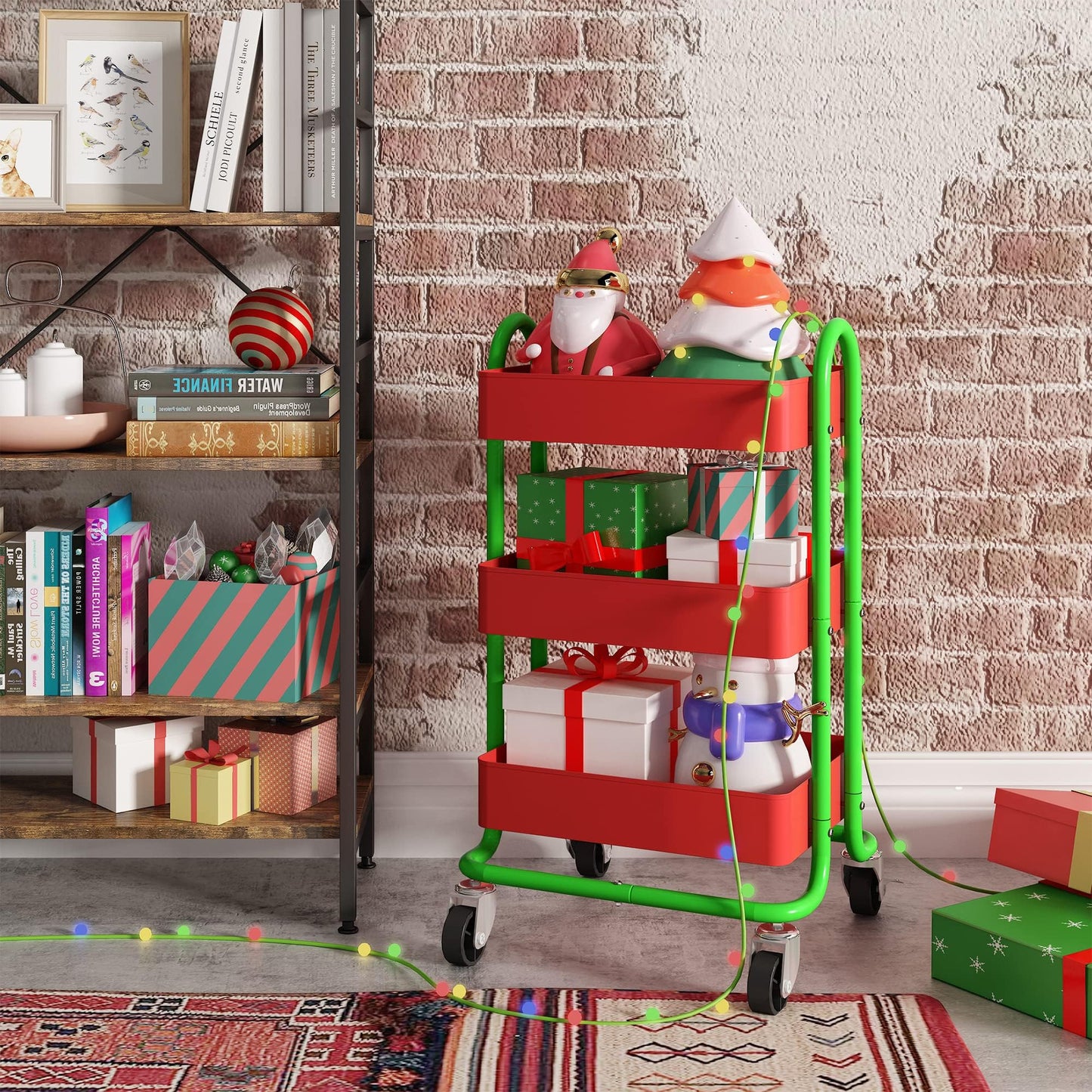 Elitehouse Metal Rolling Cart,3-Tier Metal Rolling Cart with Wheels,3 Tier Utility Cart with Wheels for Office,Home,Kitchen,Garden（13.4"x18.1"x31"） Red+Green