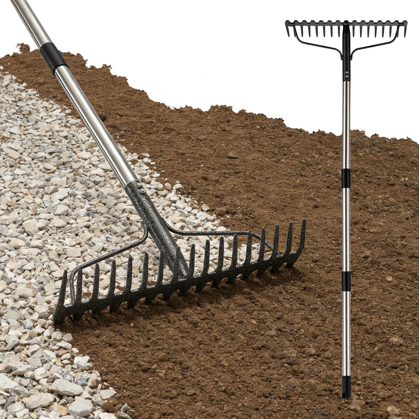 63" Bow Rake,Heavy Duty Metal Garden Rake for Moving Gravel Loosening Soil Leveling Ground Gathering Leaf Debris Spreading Mulch, 17 Tines,Adjustable Handle, for Lawn Garden Farm Landscape Work