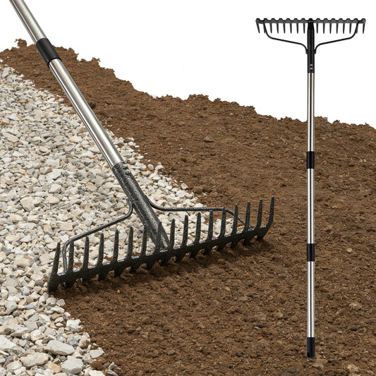 63" Bow Rake,Heavy Duty Metal Garden Rake for Moving Gravel Loosening Soil Leveling Ground Gathering Leaf Debris Spreading Mulch, 17 Tines,Adjustable Handle, for Lawn Garden Farm Landscape Work