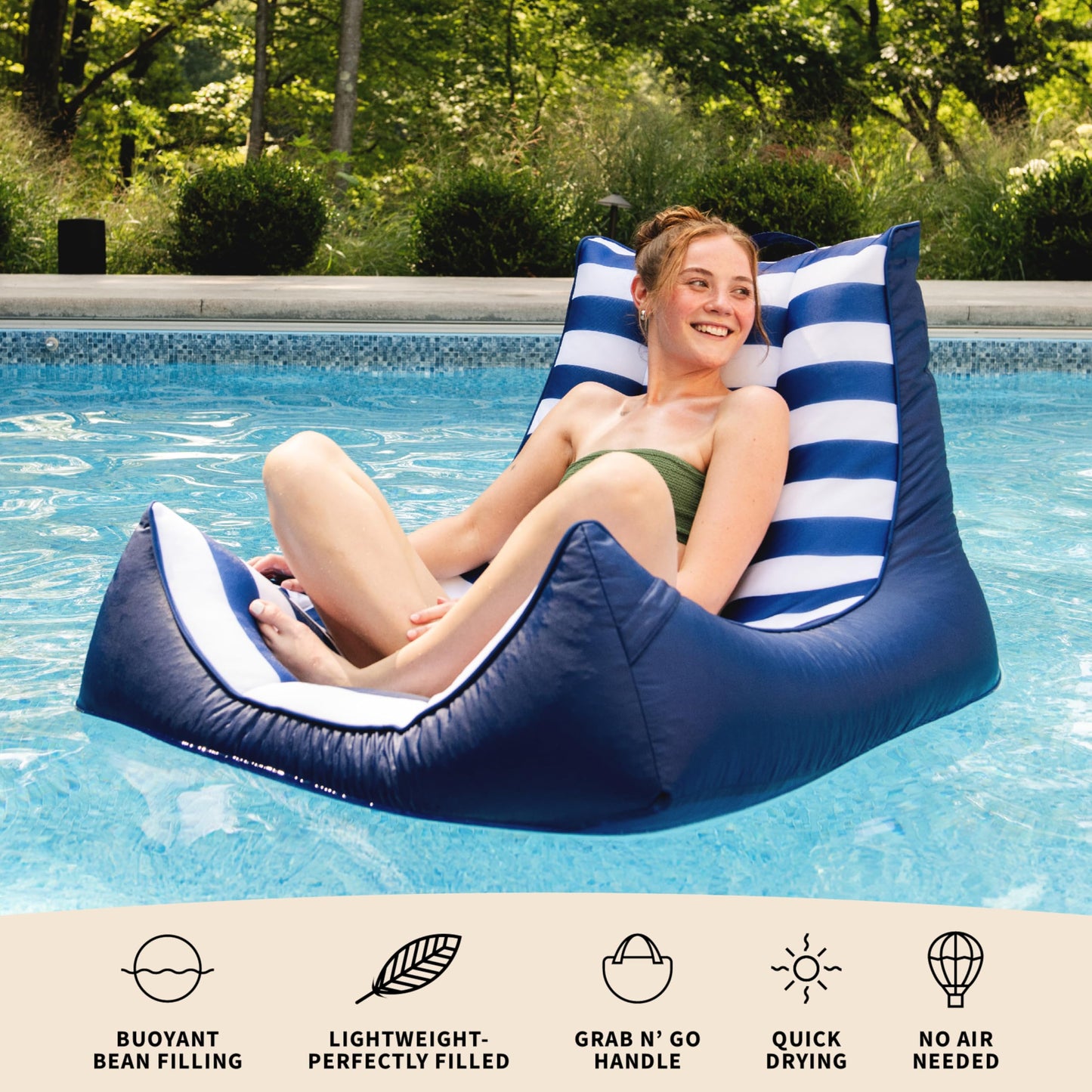 Big Joe Captain's Float No Inflation Needed Pool Lounger, American Nautical Stripe Double Sided Mesh, Quick Draining Fabric, 3 feet