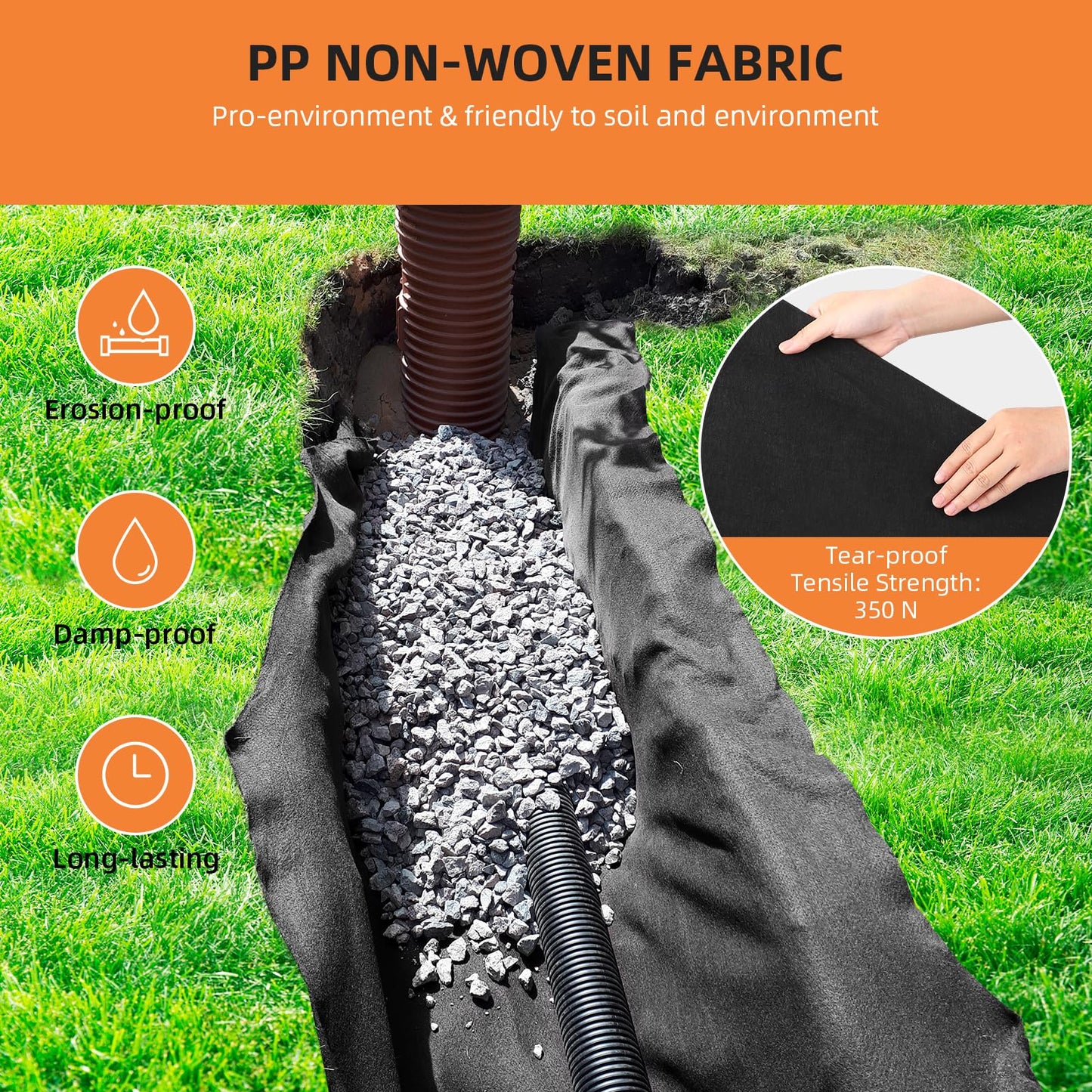 PioneerWorks Geotextile Landscape, 3ft x 300ft & 6oz Geotextile Fabric, PP Drainage 350N Tensile Strength & 440N Load Capacity, for Driveway & Road Stabilizationr, Erosion Control, French Drains