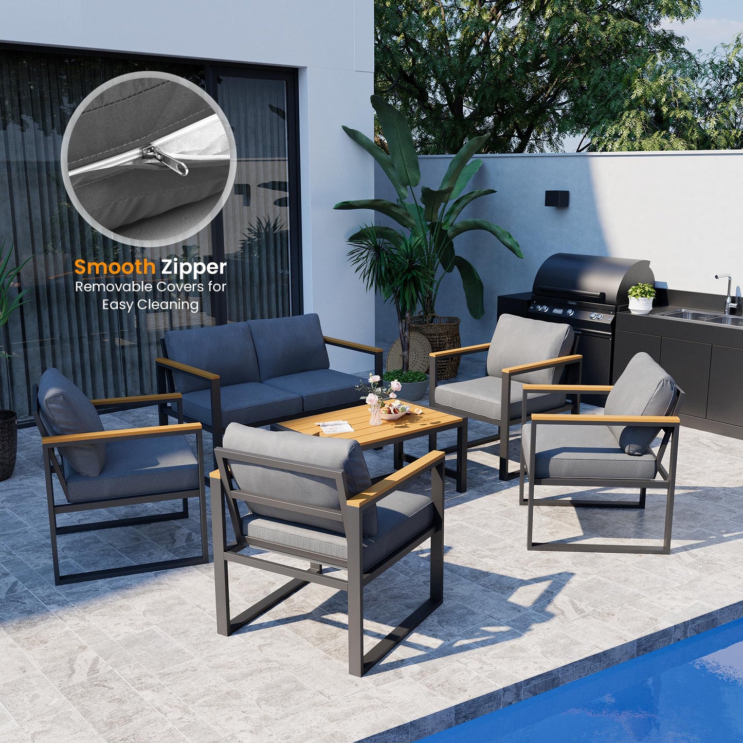 Pamapic 6 Pieces Outdoor Patio Furniture Set, Modern Metal Balcony Furniture with Plastic-Wood Coffee Table, All-Weather Patio Conversation Set with Thick Cushion for Balcony, Porch, Gray