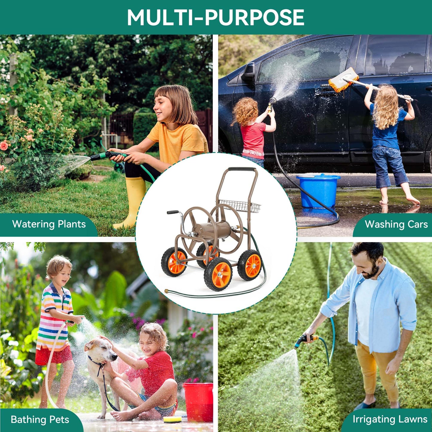 2026 Upgraded Hose Reel Cart with 10" NO-FLAT TIRES, 250FT 5/8" Heavy-Duty Steel Frame, Easy-Rolling All-Terrain Mobility for Tangle-Free Garden Hose Storage, Lawn Yard