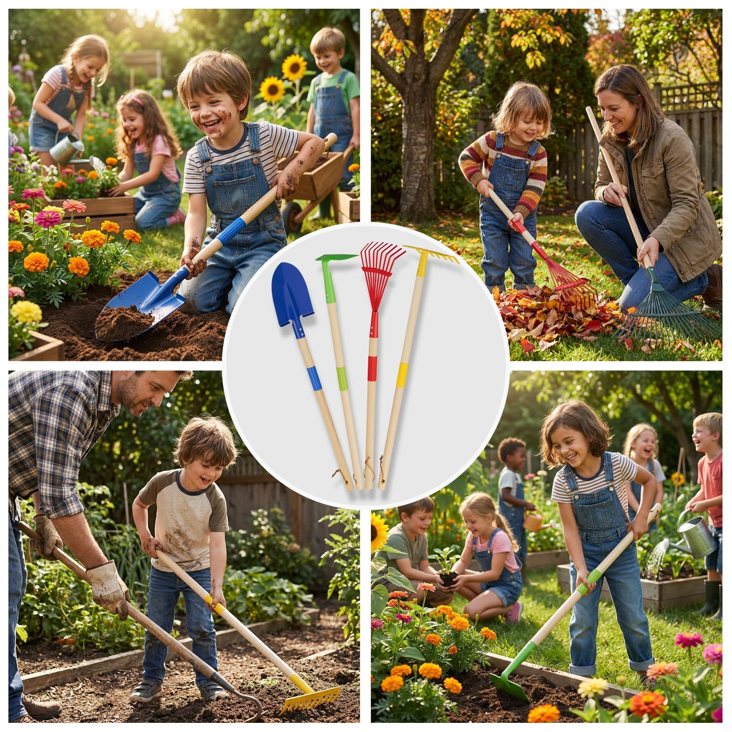 4-Piece Garden Tool Set with Shovel, Rake, Hoe, Leaf Rake - 2 Pairs of Gloves & 2 Storage Bags, Wooden Gardening Tools for Yard & Lawn Care